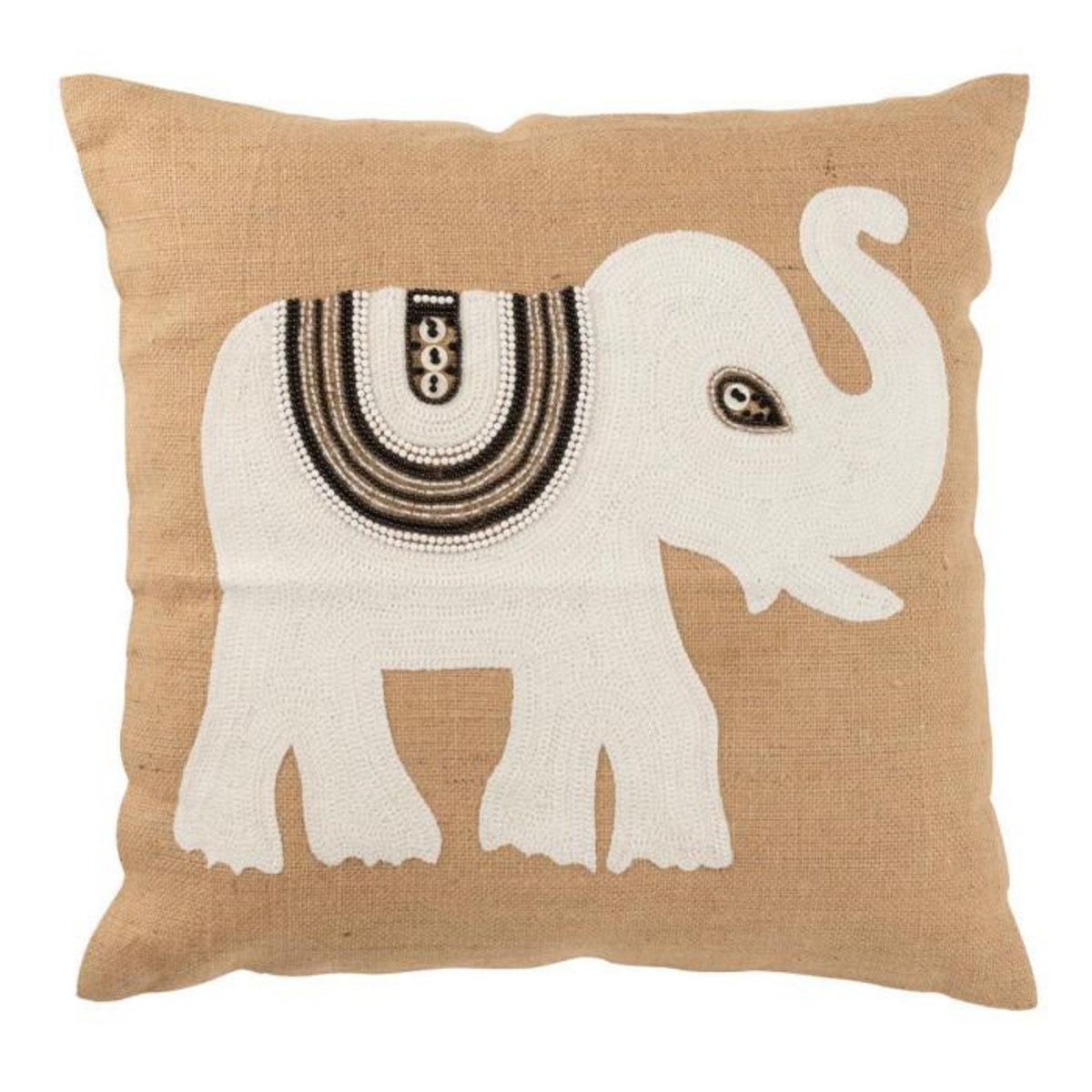 Paris Prix Coussin Déco Jute  Eléphant  60x60cm Beige & Blanc