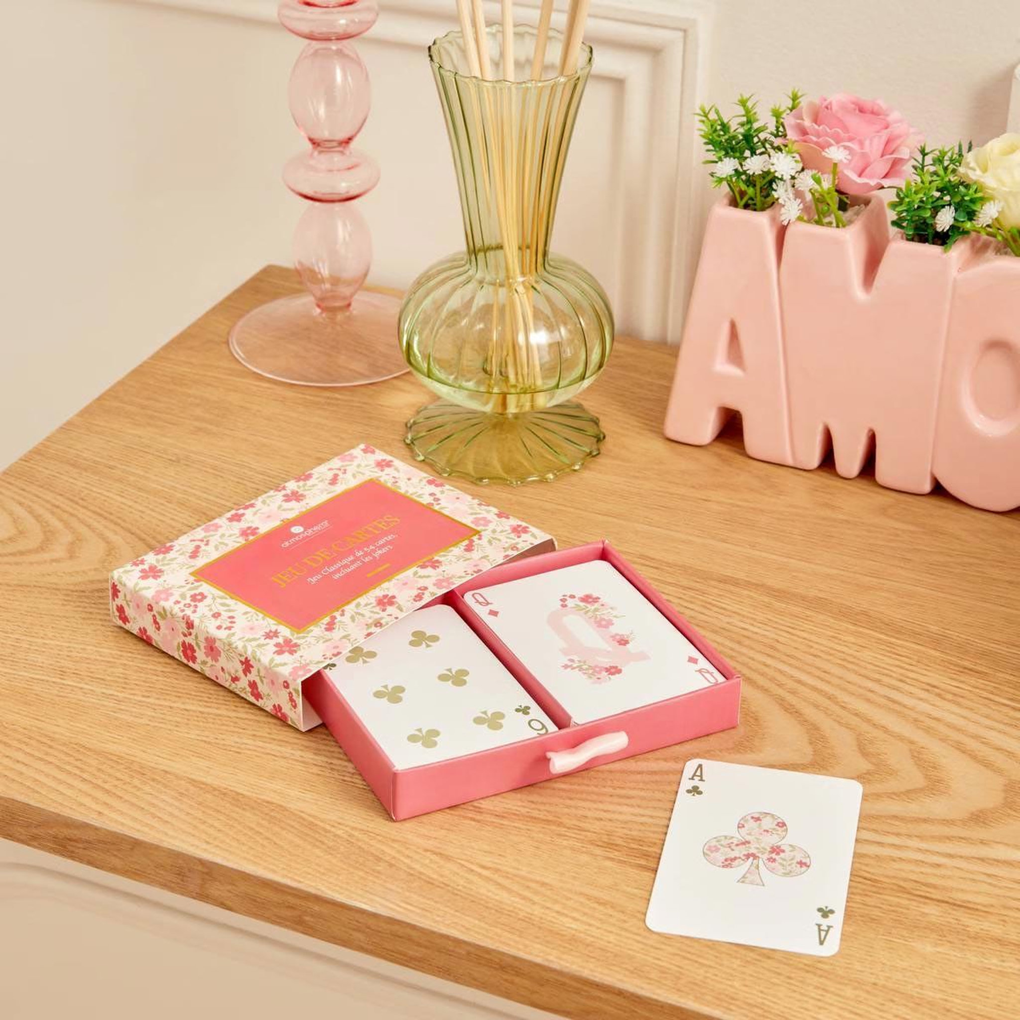 Voir la diapositive 4 : ATMOSPHERA Coffret jeu de 54 cartes  fleur  12cm rose