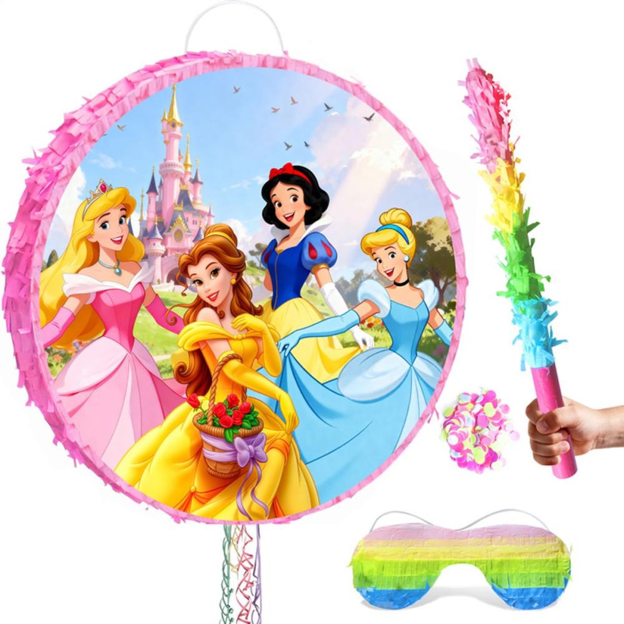 Piñata princesse ronde multicolore avec masque pour les yeux, bâton, confettis et anneau de suspension