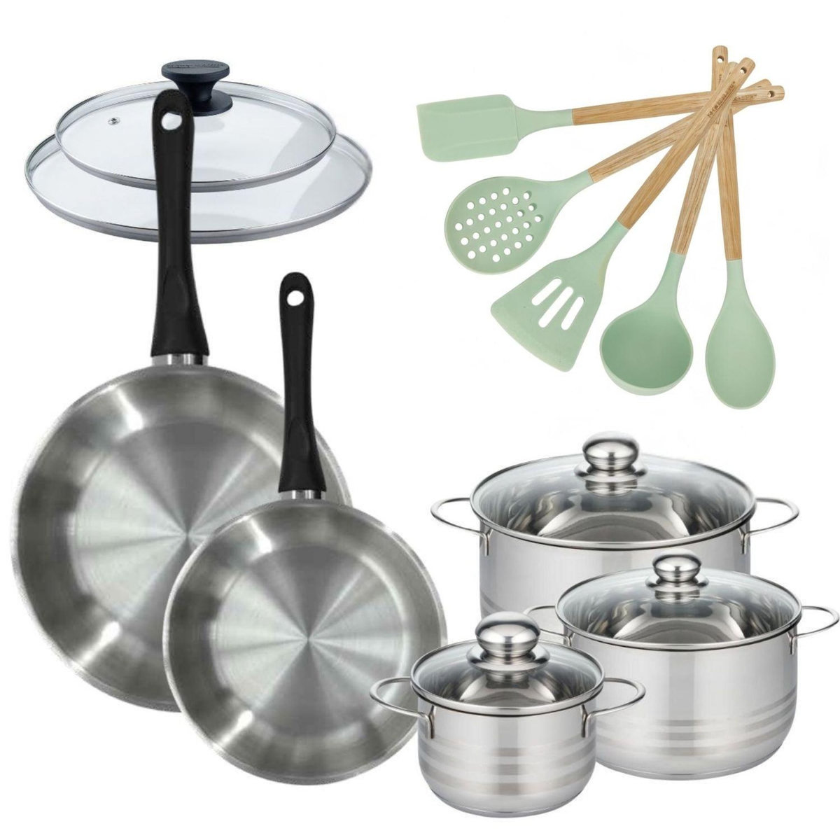 Fackelmann Lot Faitouts 16/20/24 cm et Poêles 24/28 cm Fackelmann Généva avec 5 ustensiles