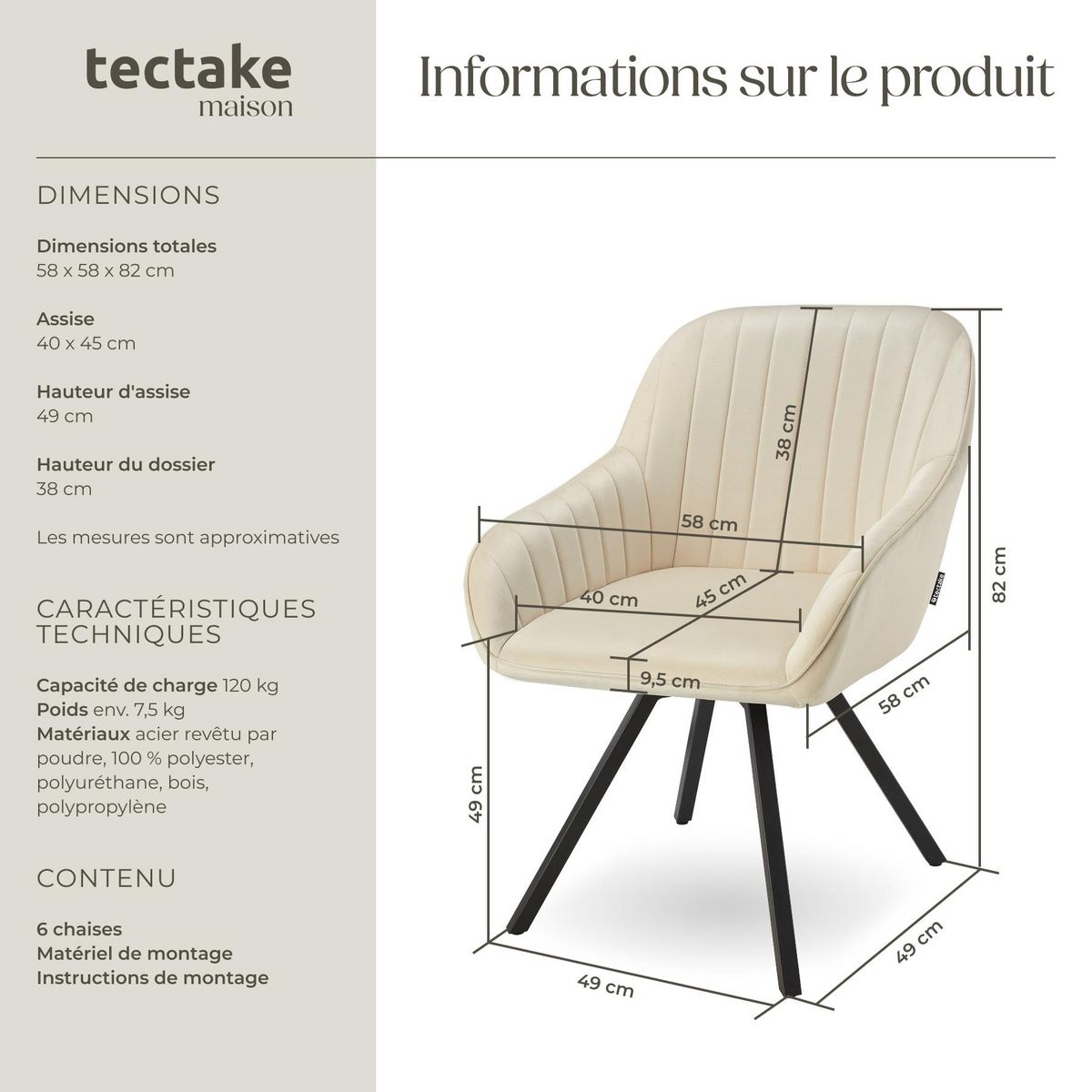 tectake Chaise pivotante avec accoudoirs rembourrée aspect velours crème Lot de 6