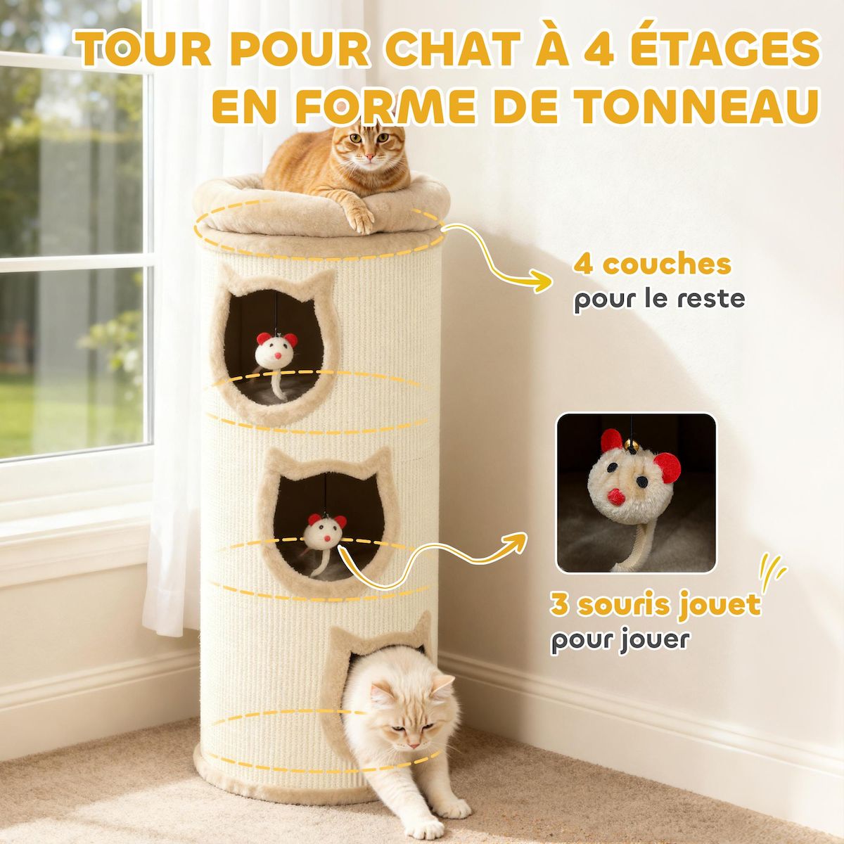 PAWHUT Tour à griffer pour chat - arbre à chat - 3 niches, 3 jouets, panier haut - sisal peluche beige