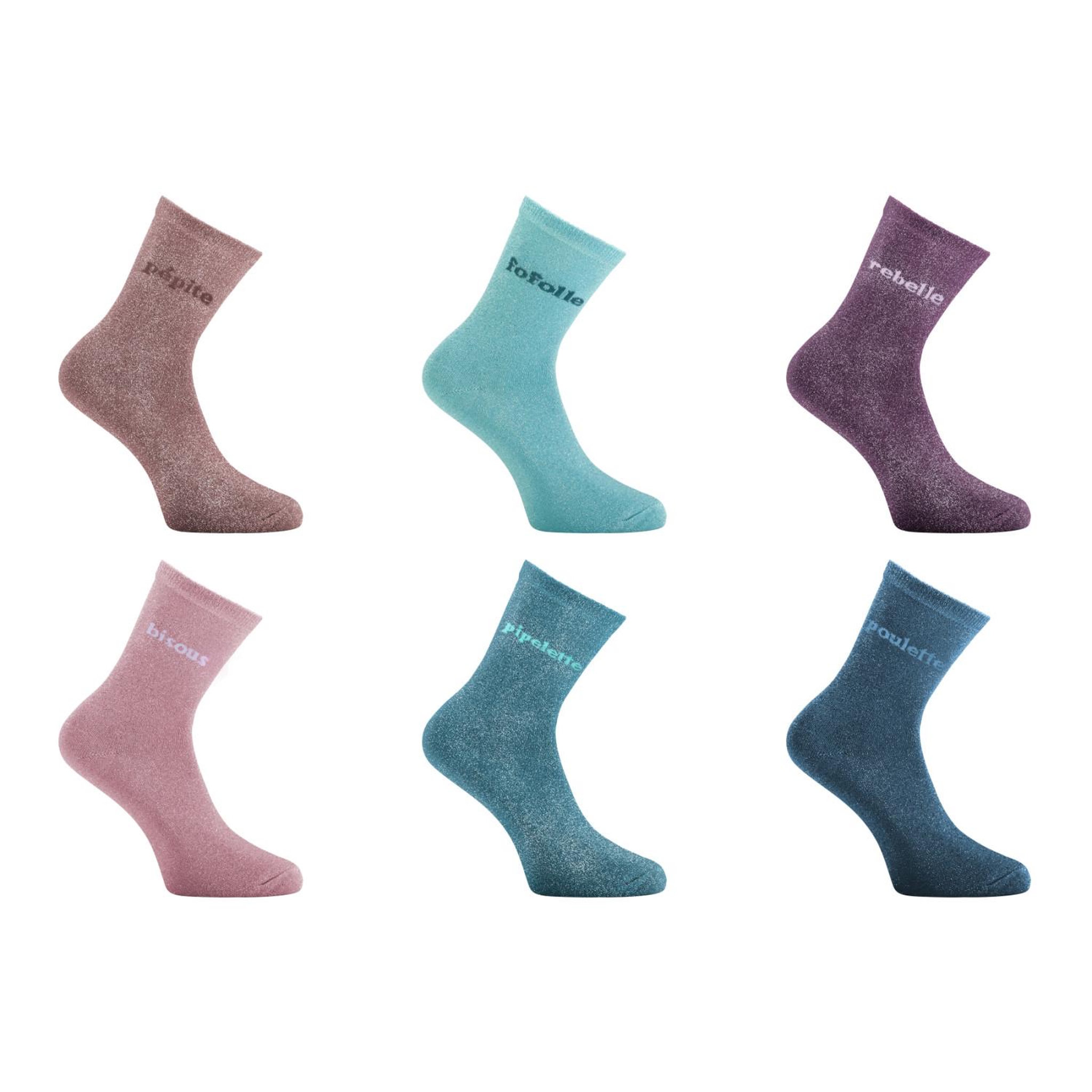 Voir la diapositive 1 : TWINDAY Lots de 6 paires de chaussettes femme à paillettes soft pépite