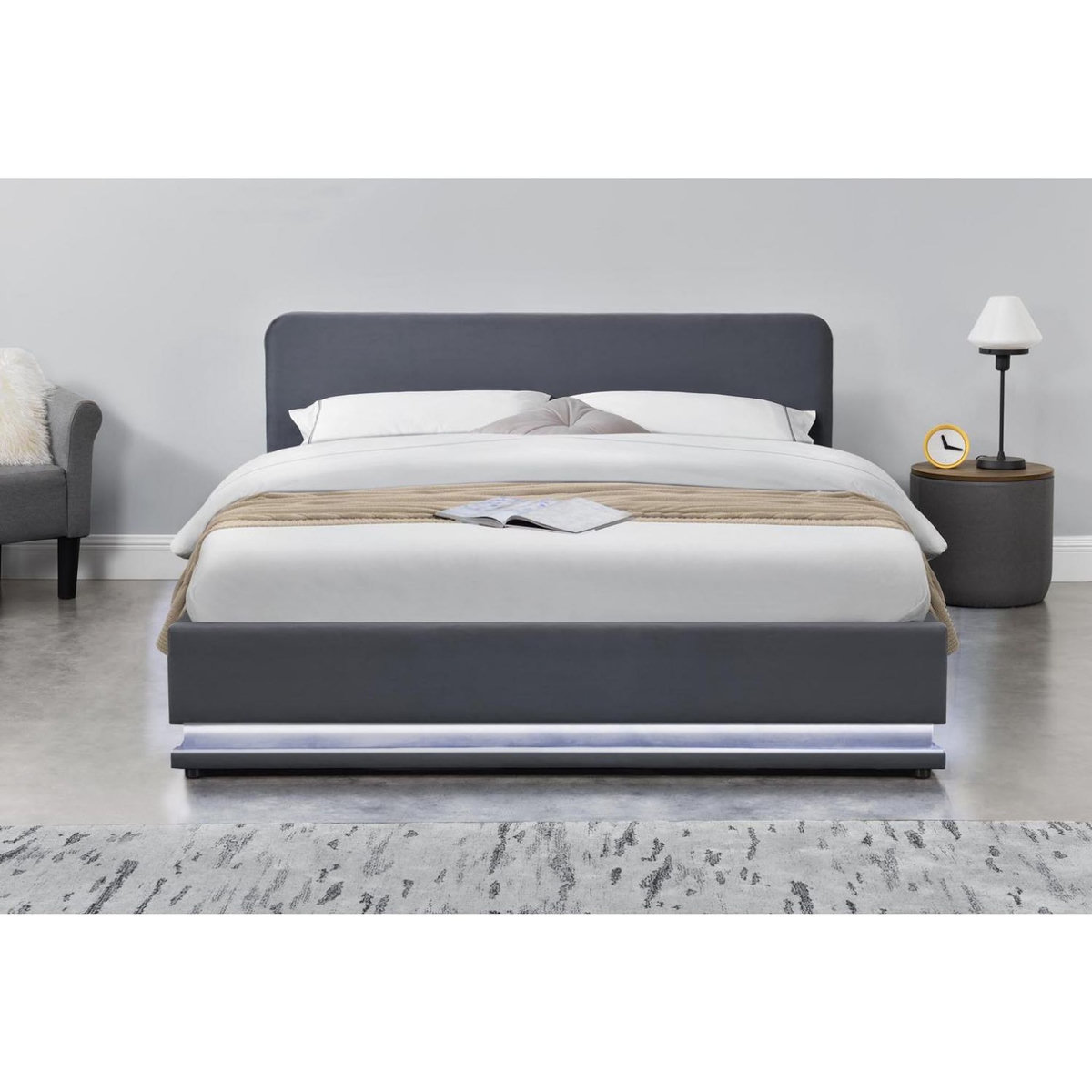 CONCEPT USINE Lit avec led 140 x 190 cm en velours gris NEWYORK