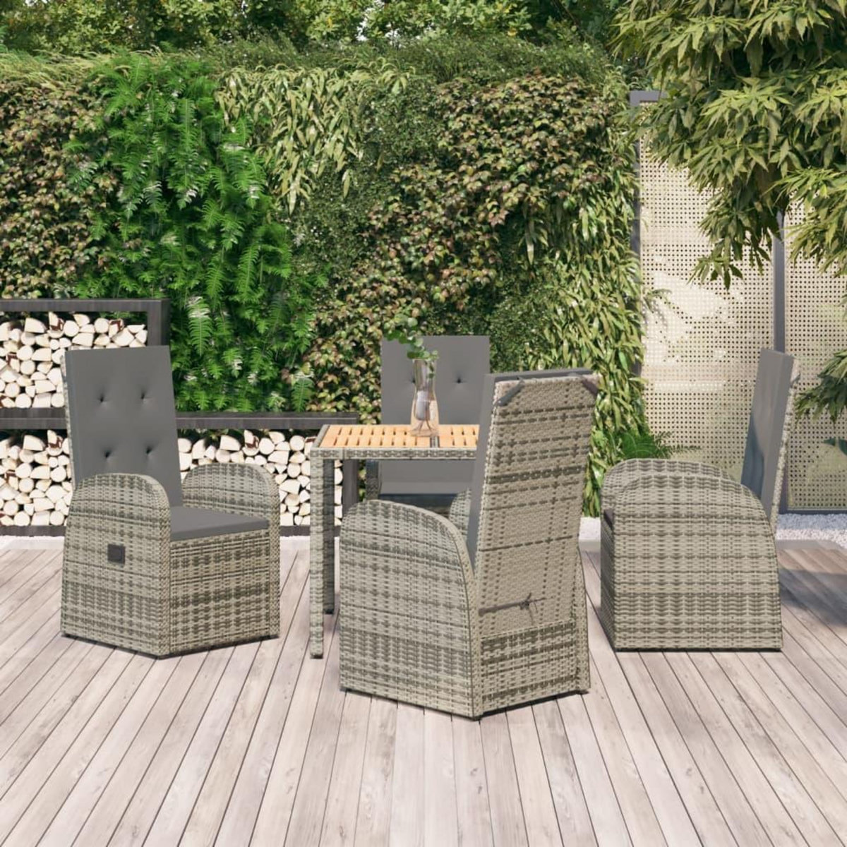 VIDAXL Ensemble a manger de jardin 5 pcs coussins gris resine tressee