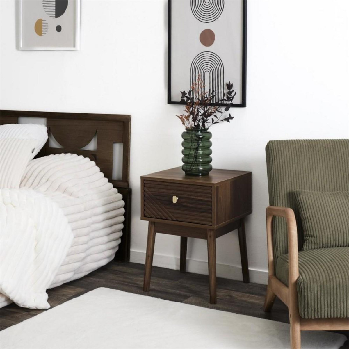 The Home Deco Factory Table de chevet marron 1 tiroir avec poignée dorée