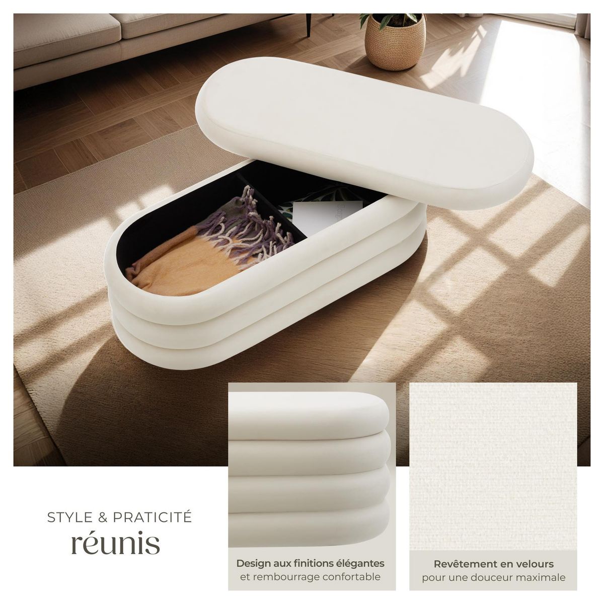 tectake Banc rembourré 2 grands compartiments de rangement Aspect velours crème/ blanc