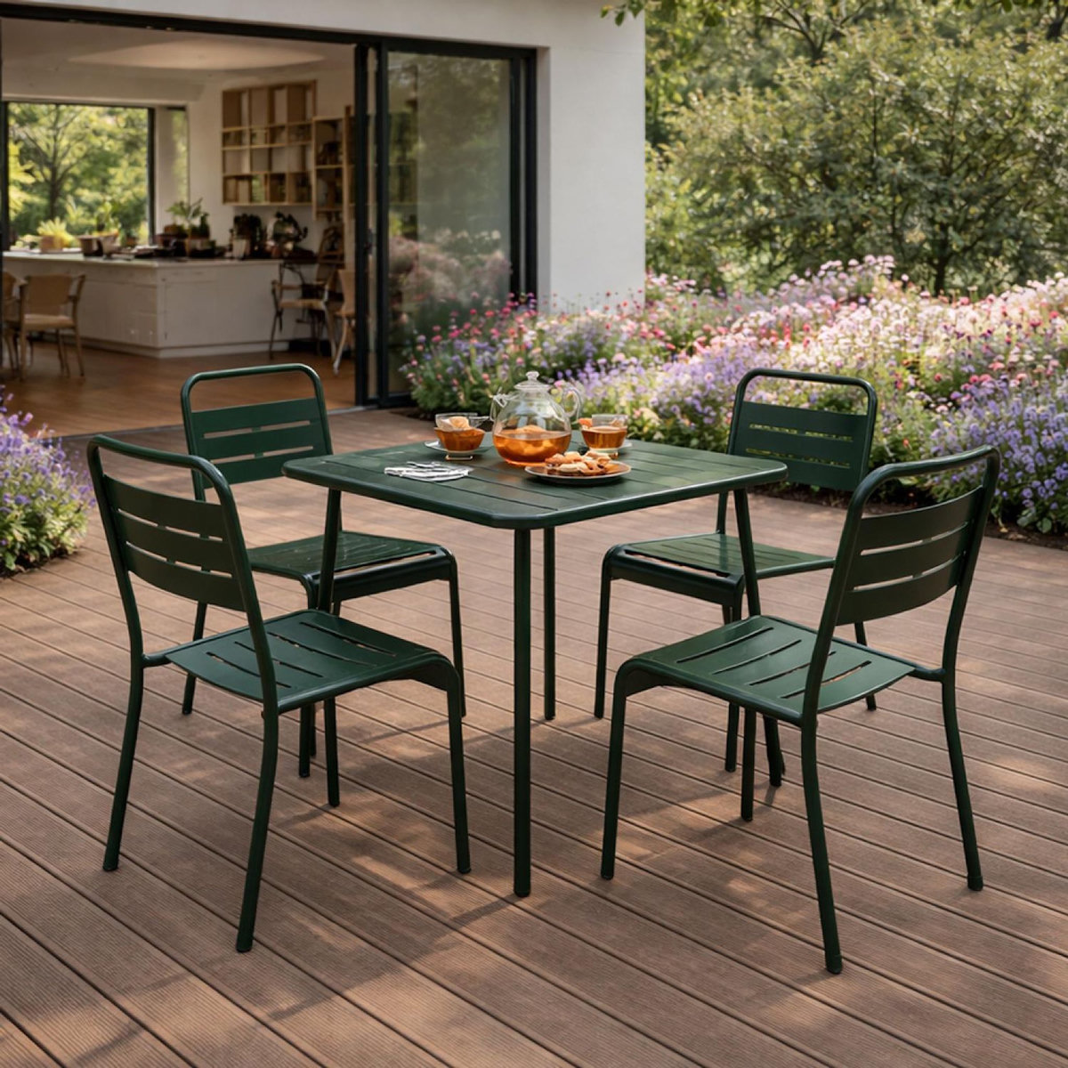 CONCEPT USINE Ensemble table de jardin carrée 70cm et 4 chaises vert BERGAME
