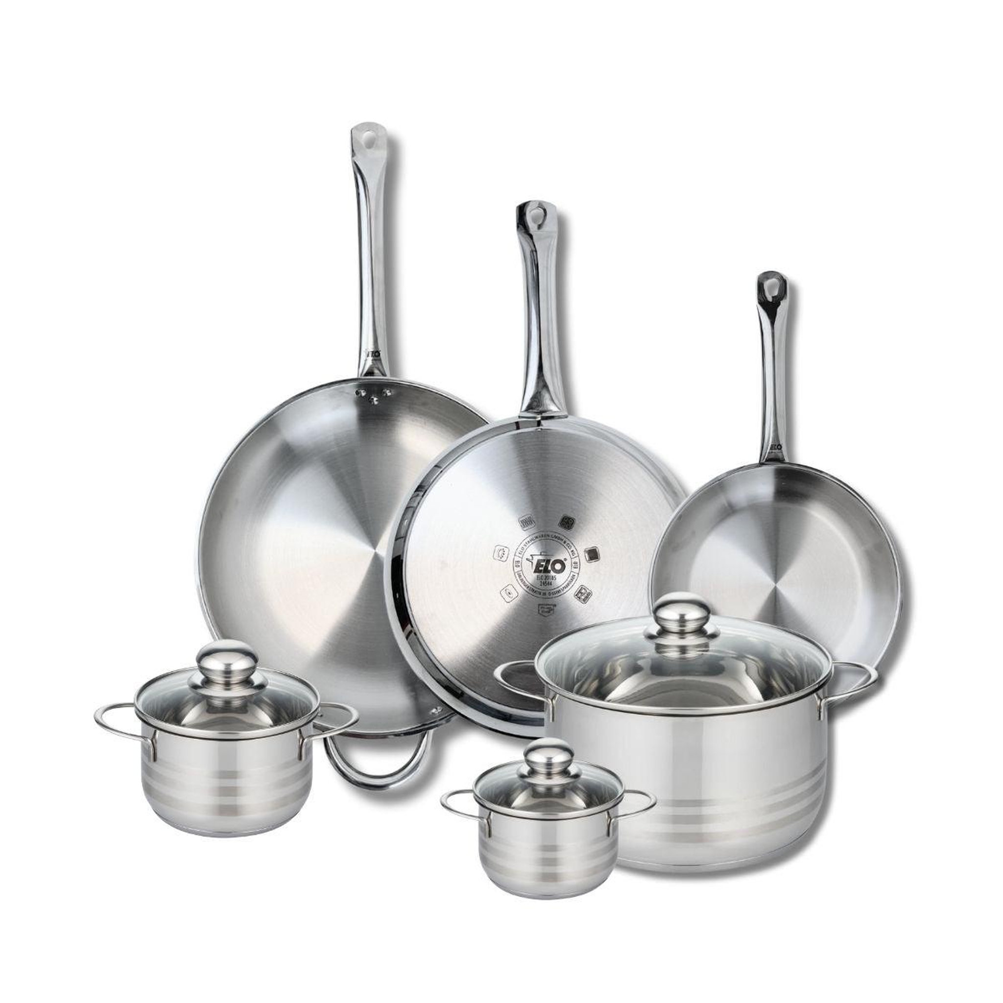 ELO Ensemble de 3 poêles de cuisson 24, 28 et 32 cm et 3 faitouts 12, 14 et 24 cm elo profi brillant