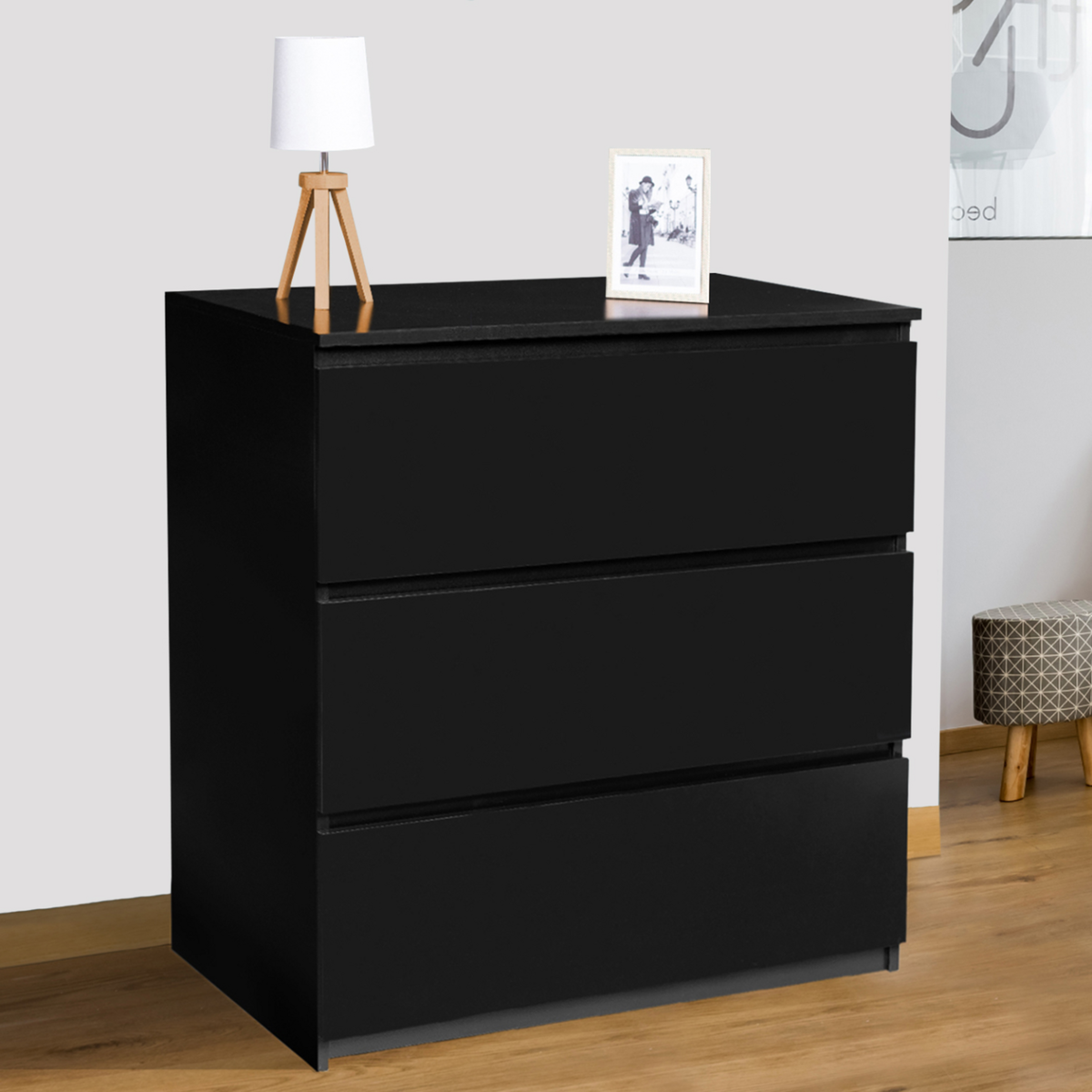 ID MARKET Commode 3 tiroirs TOMI 78 cm bois noir
