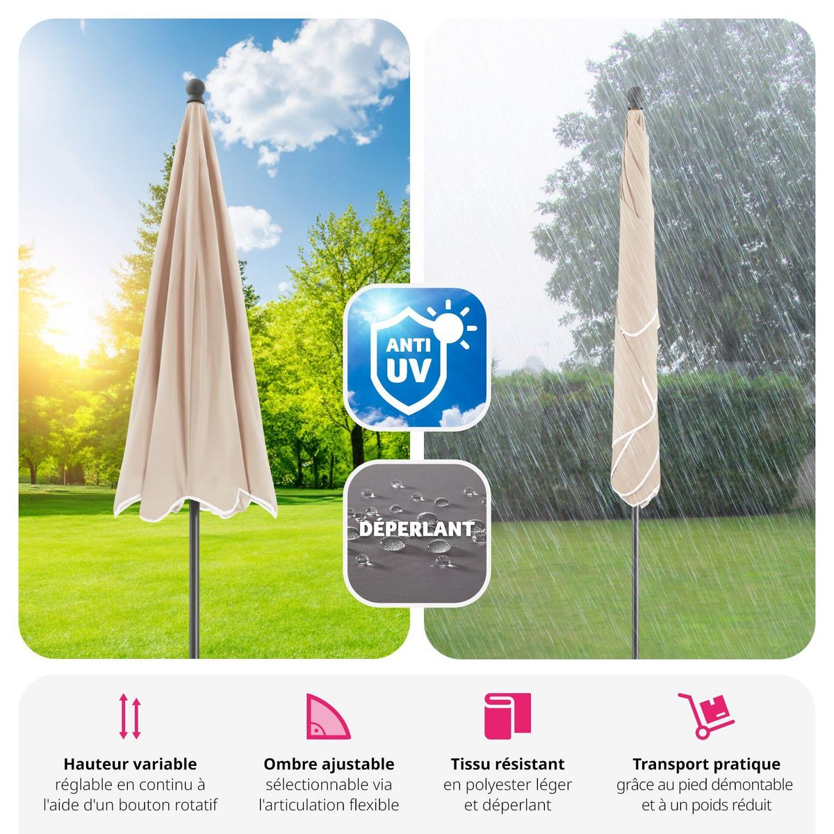 tectake Parasol VANESSA 200 x 125 cm réglable en hauteur et inclinable