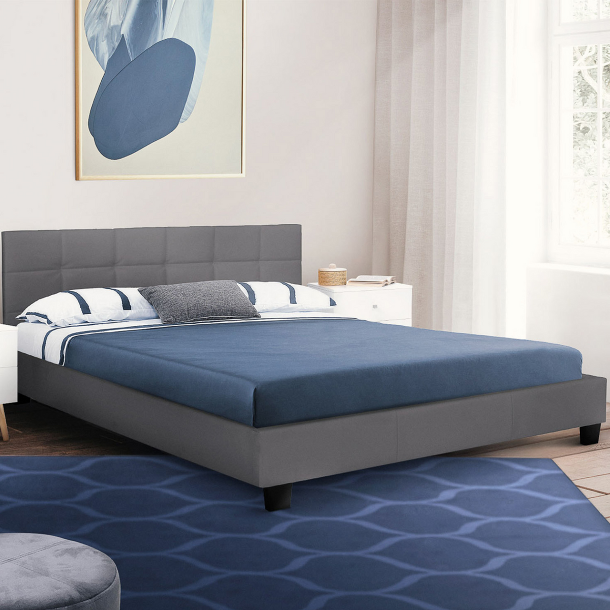 ID MARKET Lit double CHARLOTTE avec tête de lit et sommier 140 x 190 cm PVC gris