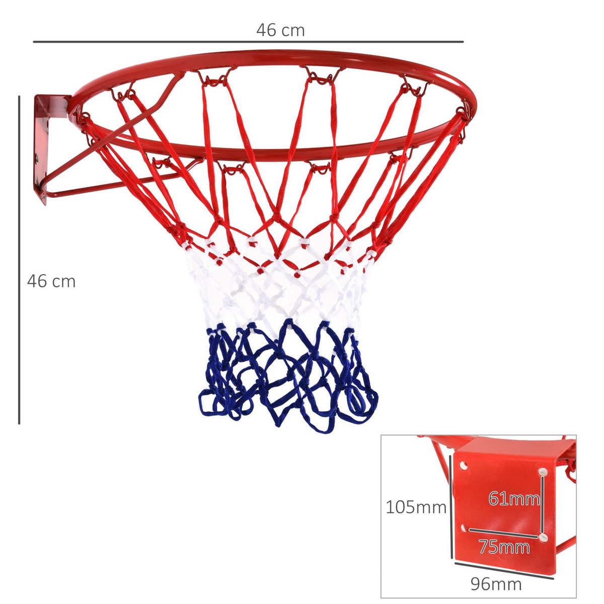 HOMCOM Panier de basket, anneau de basketball avec filet Ø 46 cm, support mural intérieur et extérieur, rouge