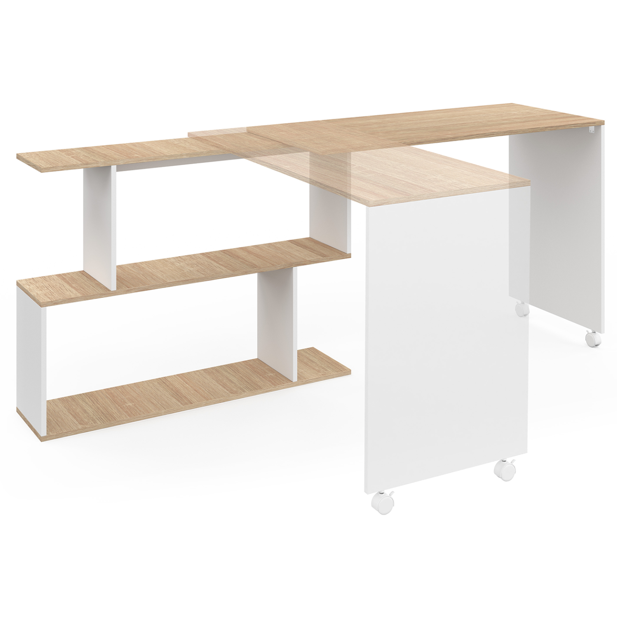 Voir la diapositive 3 : ID MARKET Bureau d'angle rotatif 180° joy étagère forme s bois façon hêtre et blanc