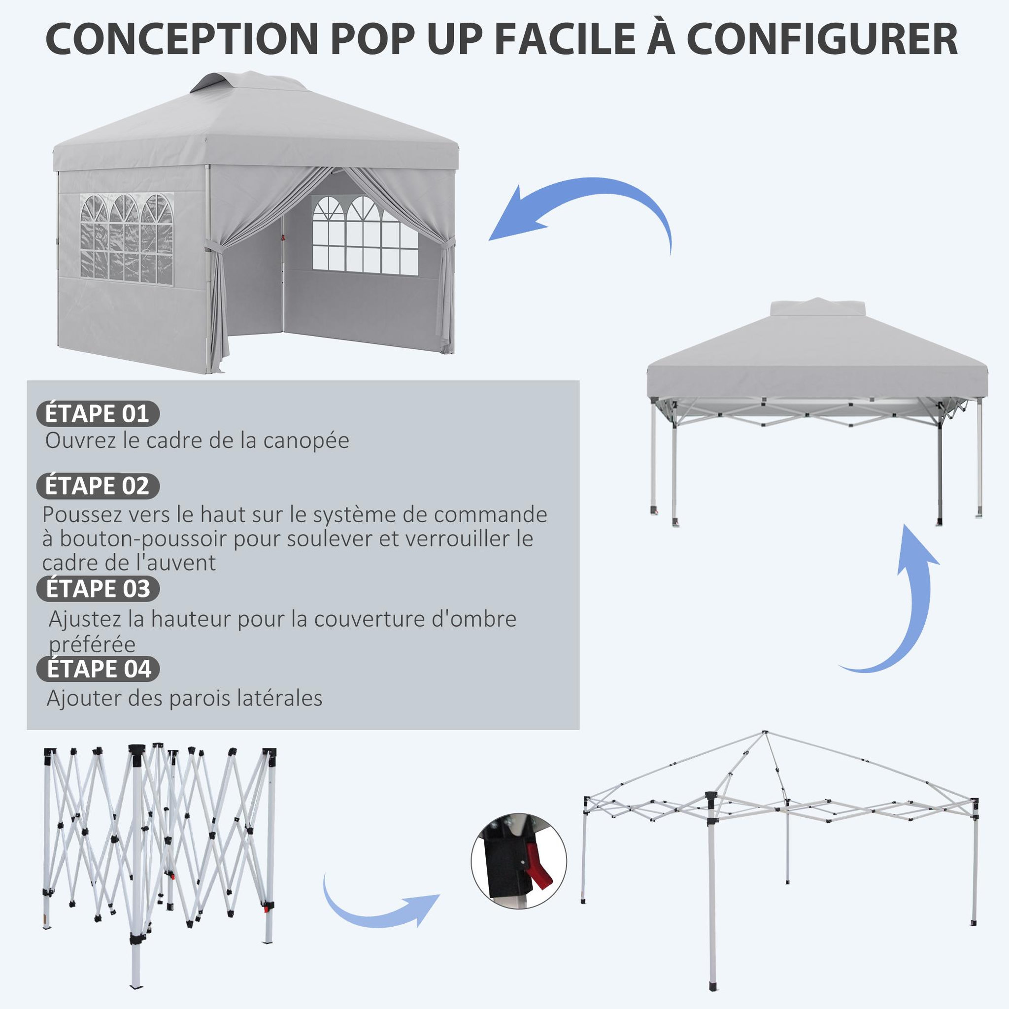 Voir la diapositive 4 : OUTSUNNY Tonnelle barnum pop-up pliant 2,97L x 2,97l x 2,84H m sac transport inclus gris
