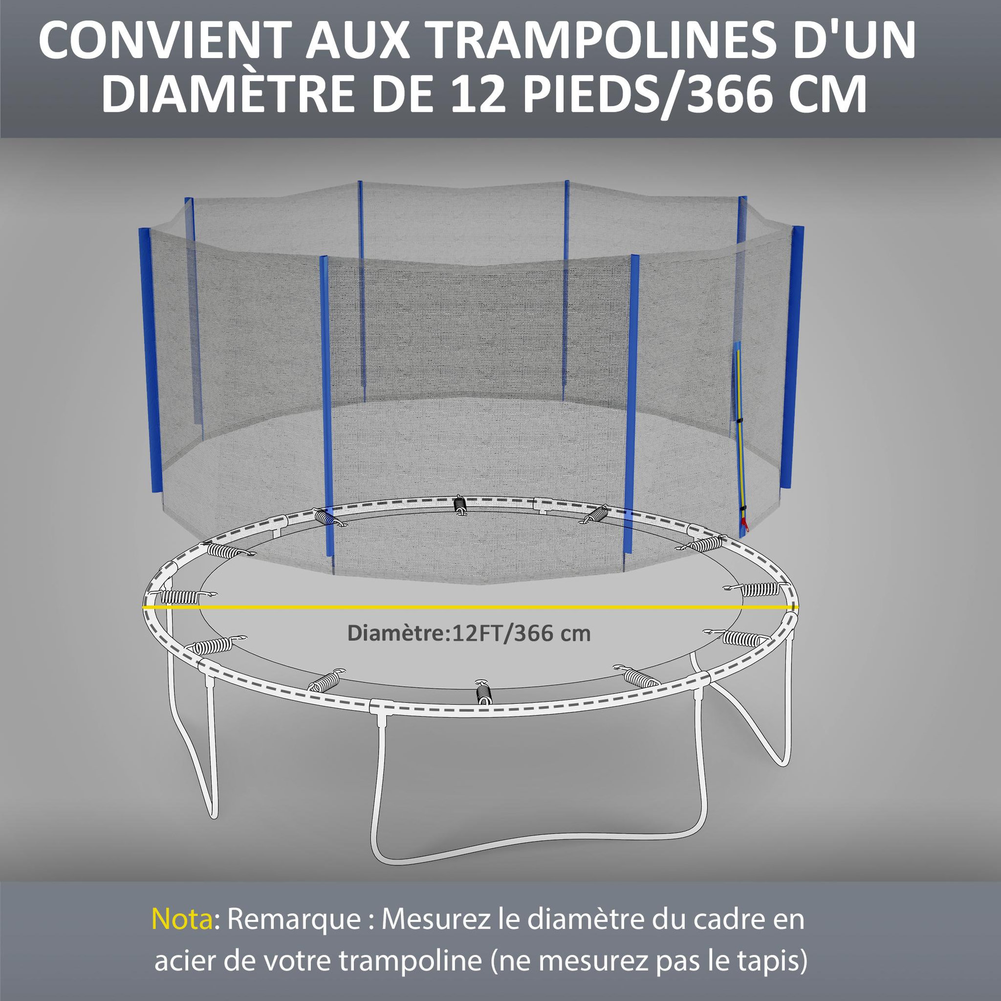 Voir la diapositive 3 : HOMCOM Filet de sécurité trampoline porte zipée Ø 366 cm 8 poteaux bleu noir
