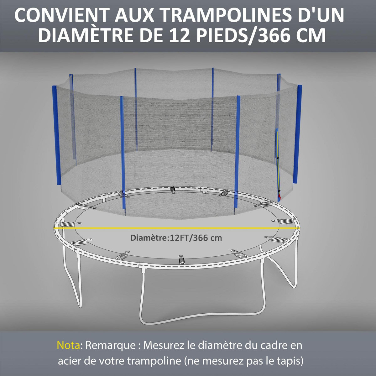HOMCOM Filet de sécurité trampoline porte zipée Ø 366 cm 8 poteaux bleu noir