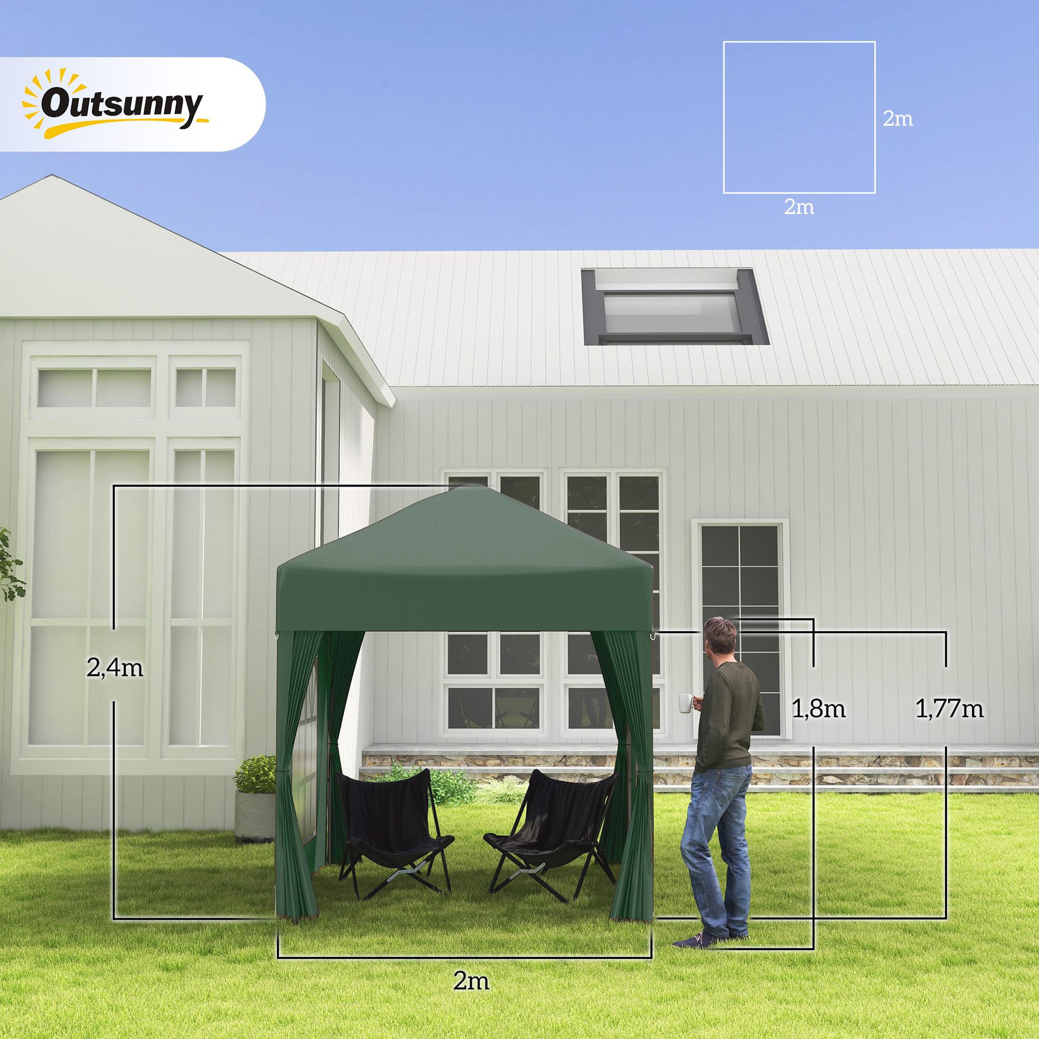 Voir la diapositive 3 : OUTSUNNY Tonnelle de jardin tente pliante barnum pop-up 2 x 2 m 4 parois latérales amovibles 2 fenêtres sac de transport vert