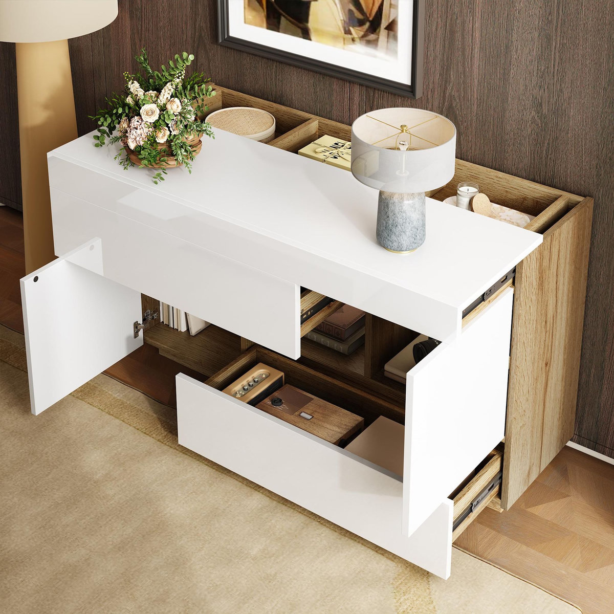 MERAX Buffet 2 porte(s) 2 tiroir(s) - 120 cm blanc+naturel led panneau de particules