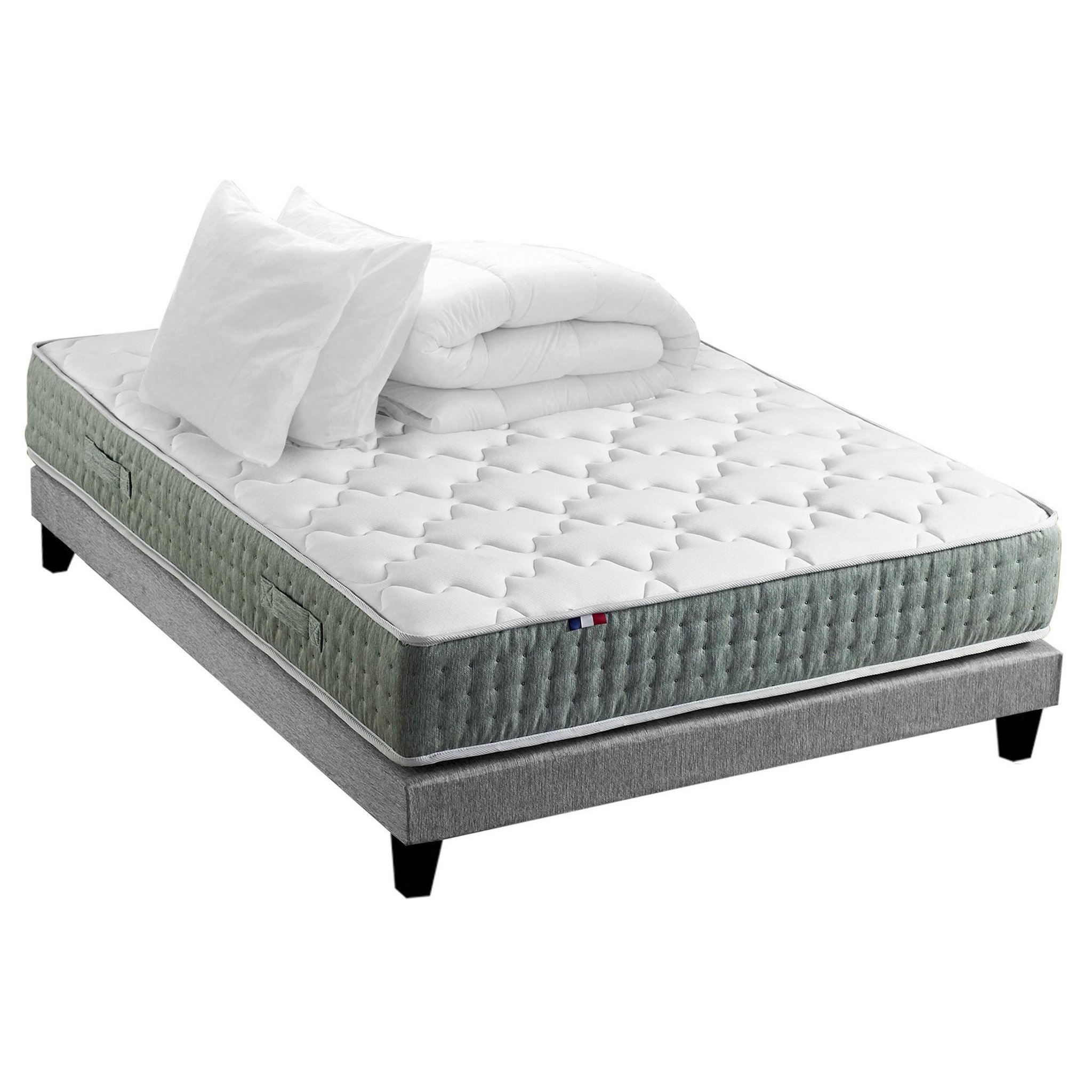 IDLITERIE Ensemble matelas Ressort 7 zones HYGGE + Sommier + couette + oreillers Fabriqué en France. Coloris disponibles : Gris