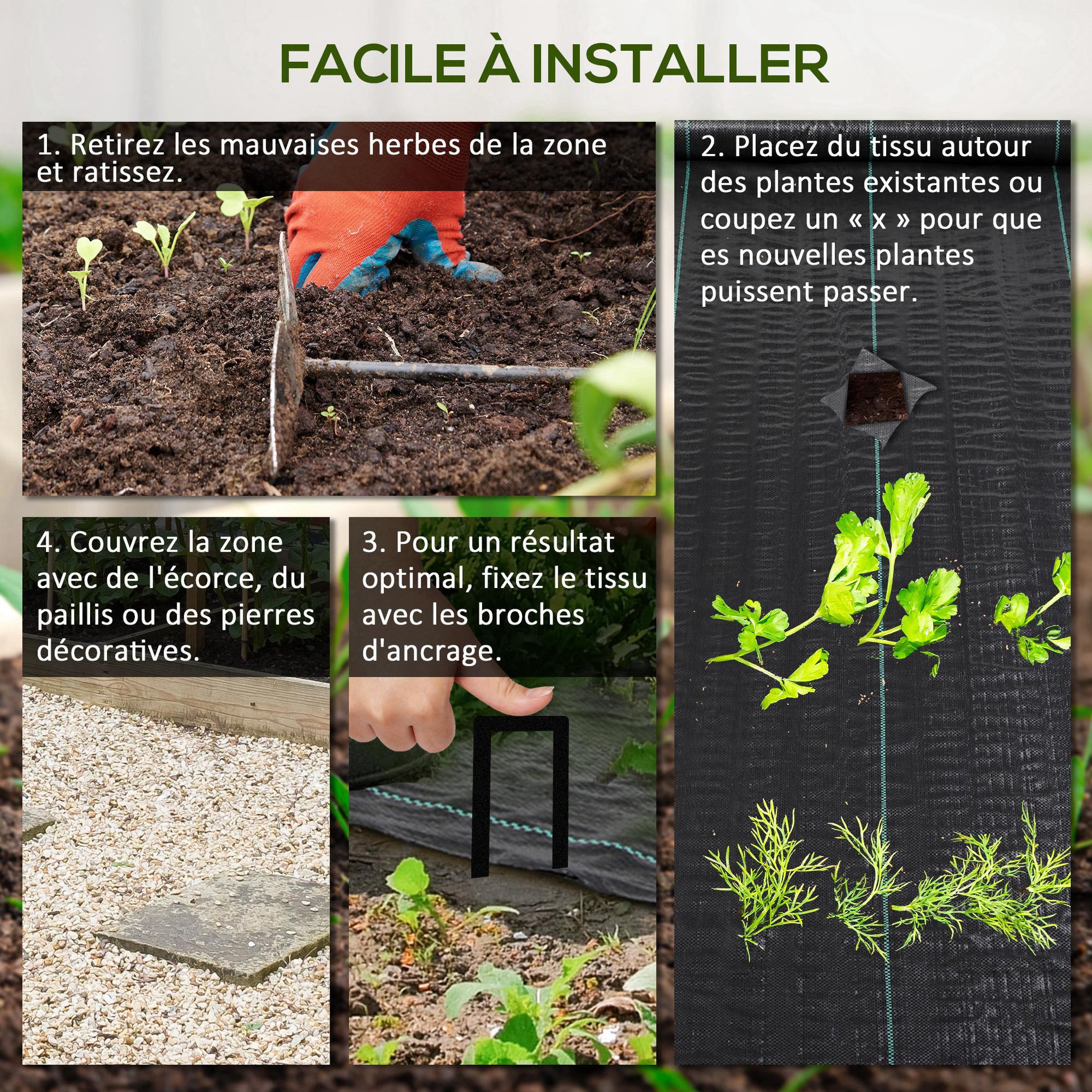 Voir la diapositive 5 : OUTSUNNY Toile de paillage anti mauvaises herbes indéchirable perméable anti UV - 100 x 1 m - PP haute densité 60 g/m²noir vert