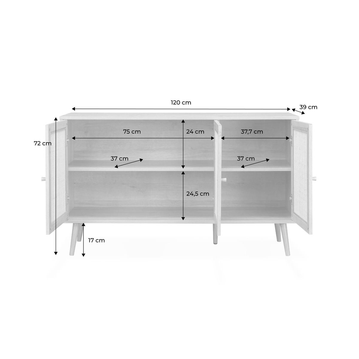 SWEEEK Buffet de rangement en cannage 120x39x70cm  - Bohème - 2 niveaux. 3 portes. pieds scandinaves. buffet bas