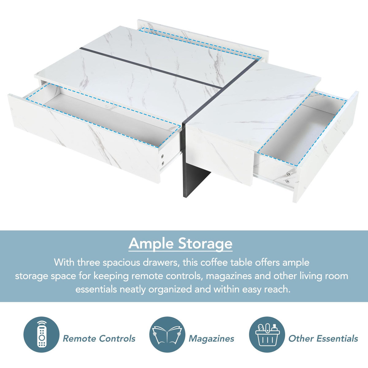 MERAX Table basse rectangulaire blanc avec 3 tiroirs - 60x105 cm led panneau de particules