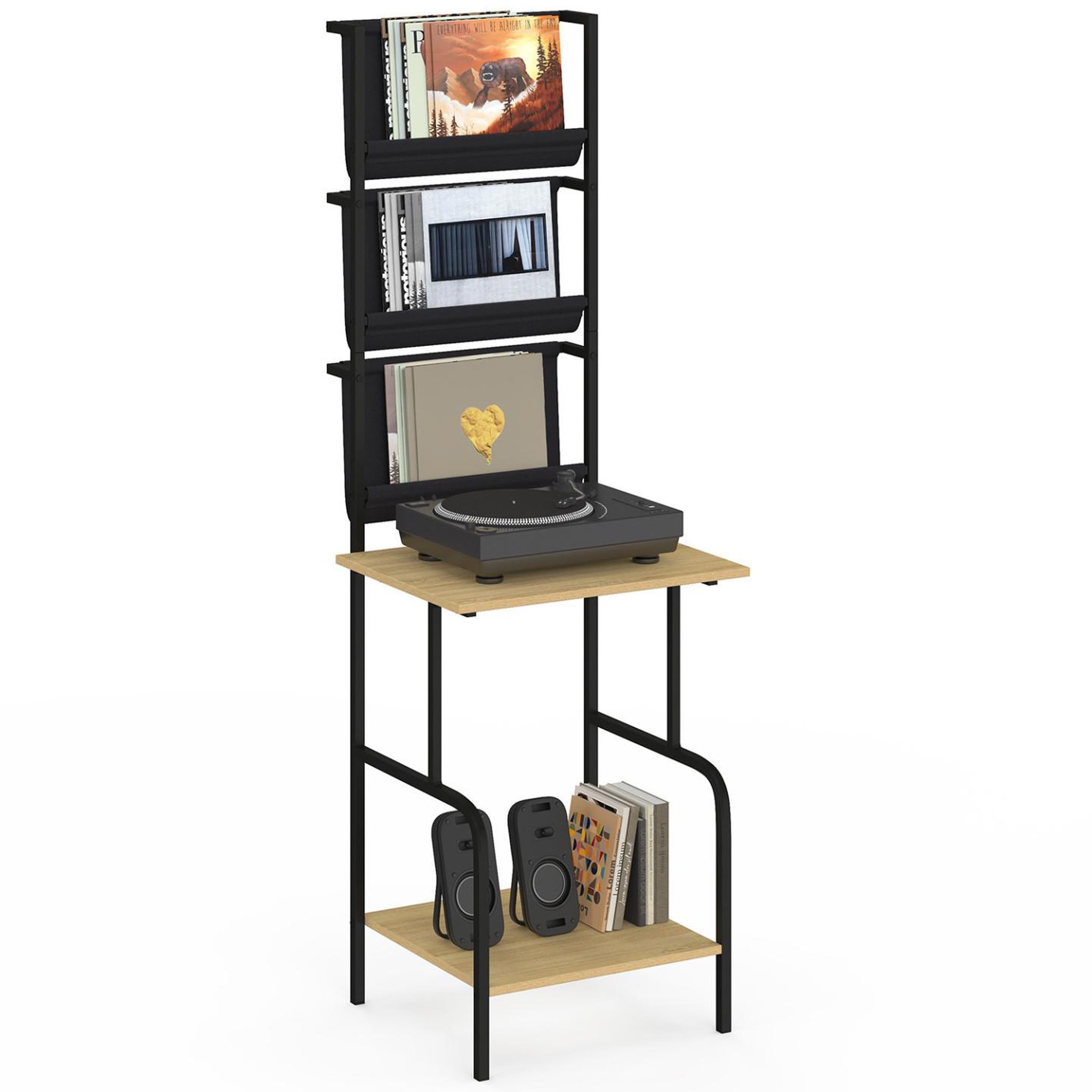 ID MARKET Meuble d'appoint haut, rangement avec étagères, supports vinyles et platine H. 150 cm NEVIL design industriel