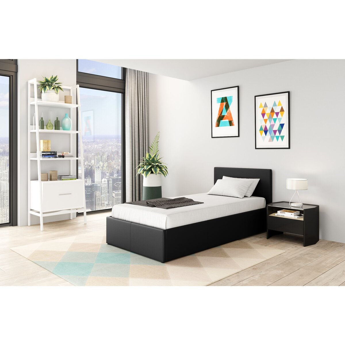 Ensemble matelas 90x190cm + Lit coffre 90x190cm sommier inclus avec tête de lit WILLOW noir