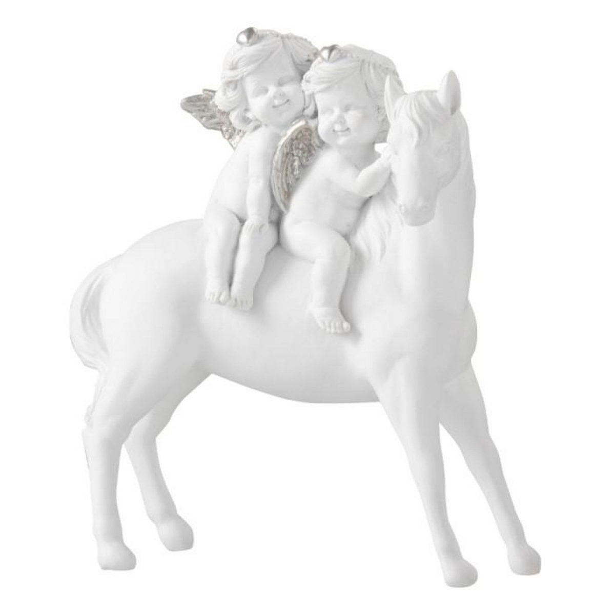 Paris Prix Statue Déco en Résine  Cheval & 2 Anges  24cm Blanc