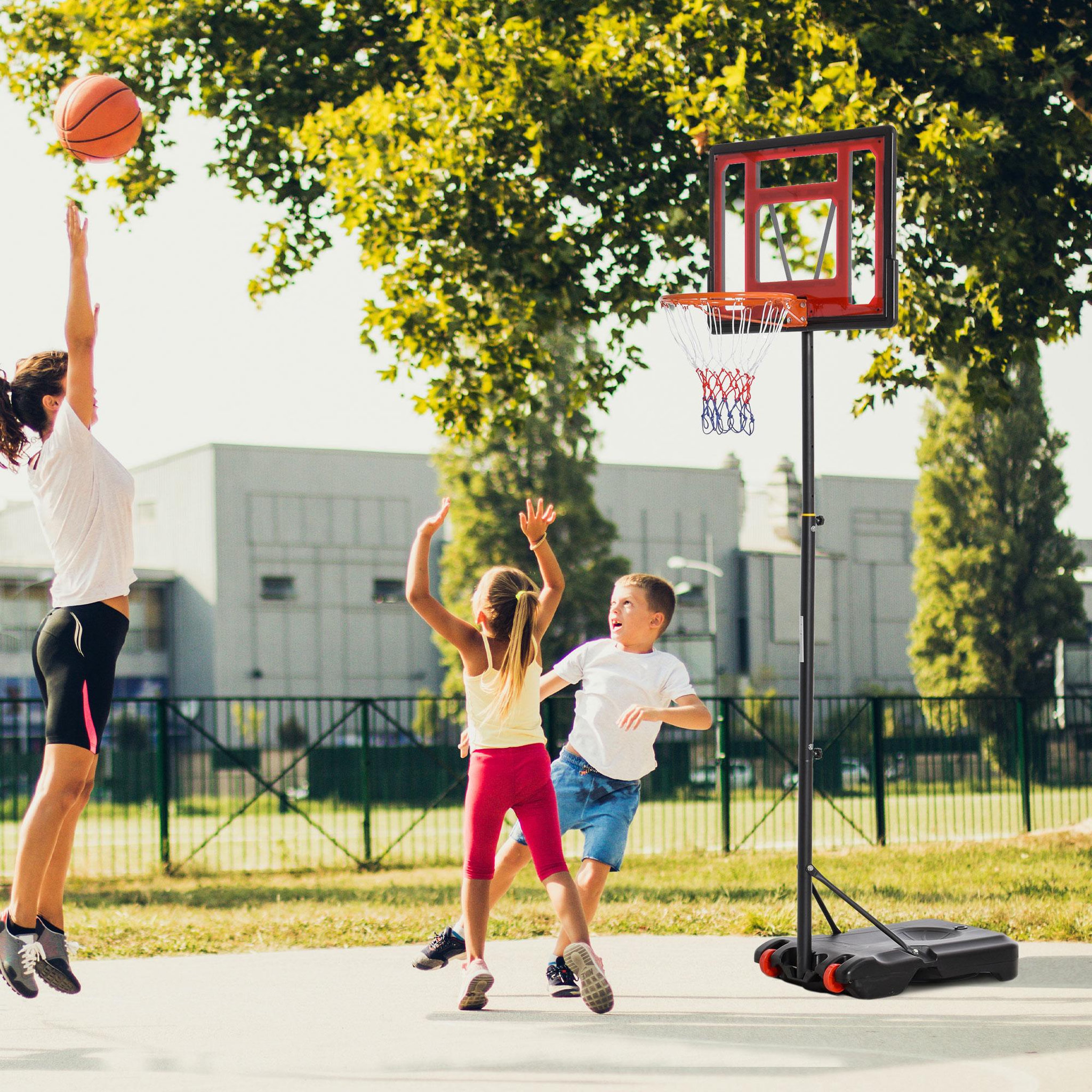 Voir la diapositive 4 : HOMCOM Panier de basketball sur pied hauteur réglable h.160–210 cm lestage roulettes noir rouge