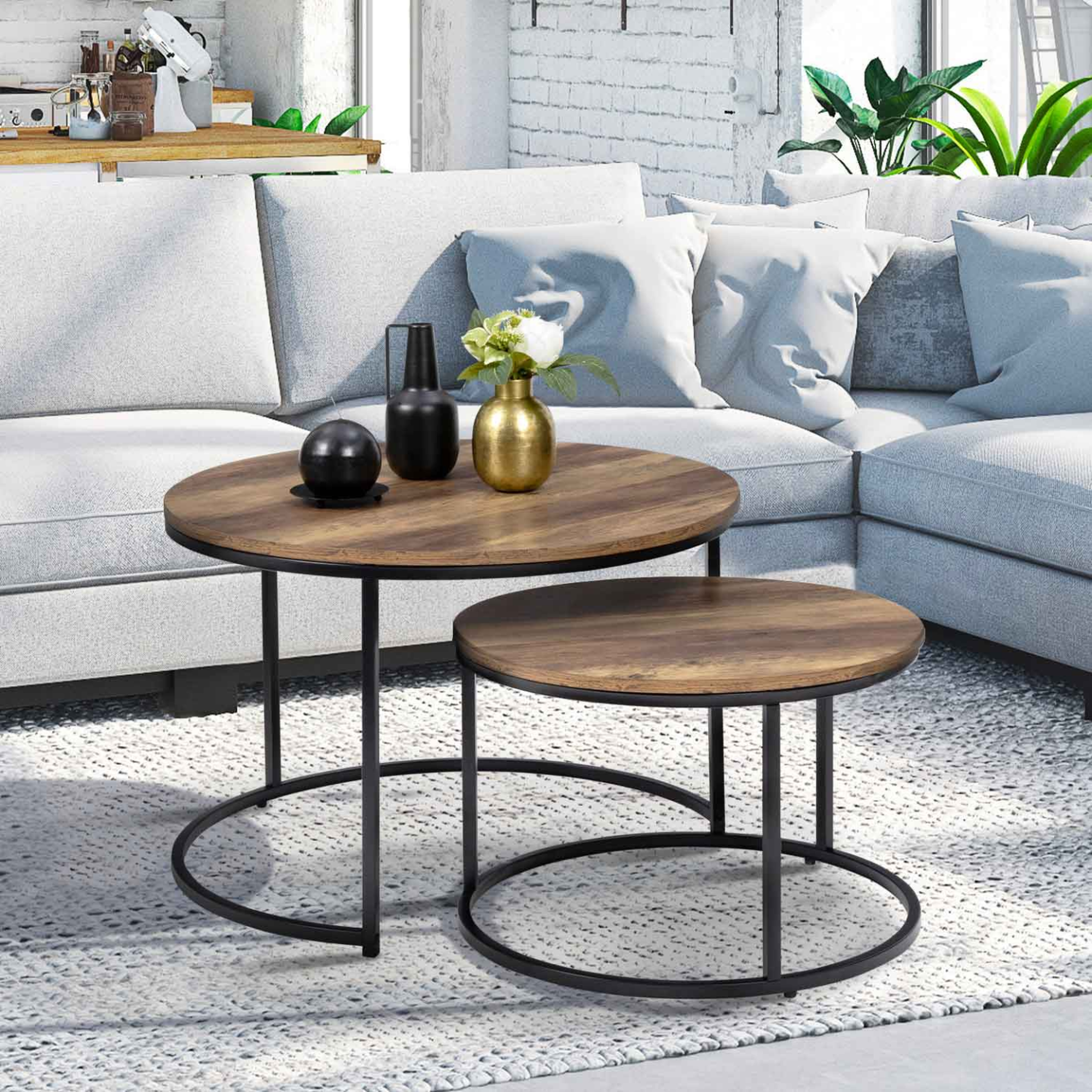 Voir la diapositive 2 : ID MARKET Lot de 2 tables basses gigognes hawkins rondes 54/70 bois foncé design industriel