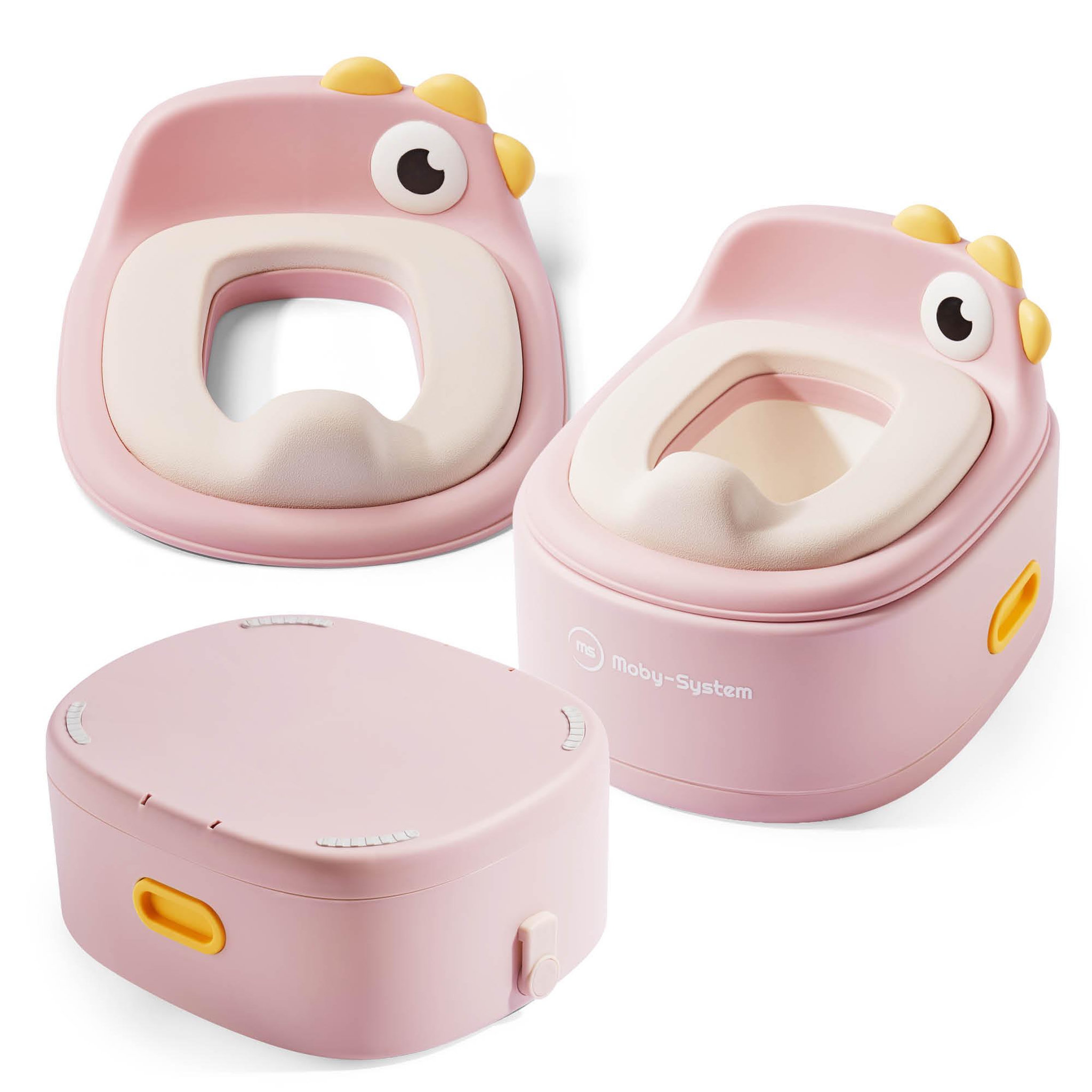 MOBY SYSTEM Pot Évolutif 3 en 1 Réducteur Toilet Marchepied avec Désign Poussin, Rose - Moby-System