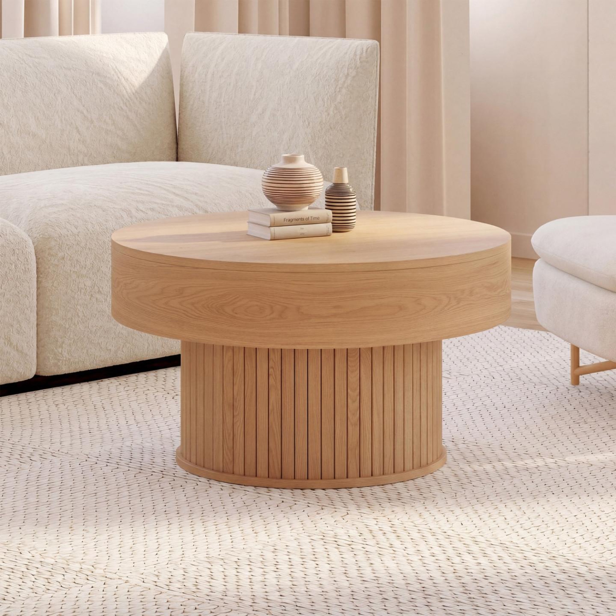 Voir la diapositive 4 : ID MARKET Table basse plateau relevable ronde juliette 70 cm lattes tasseau bois coloris chêne