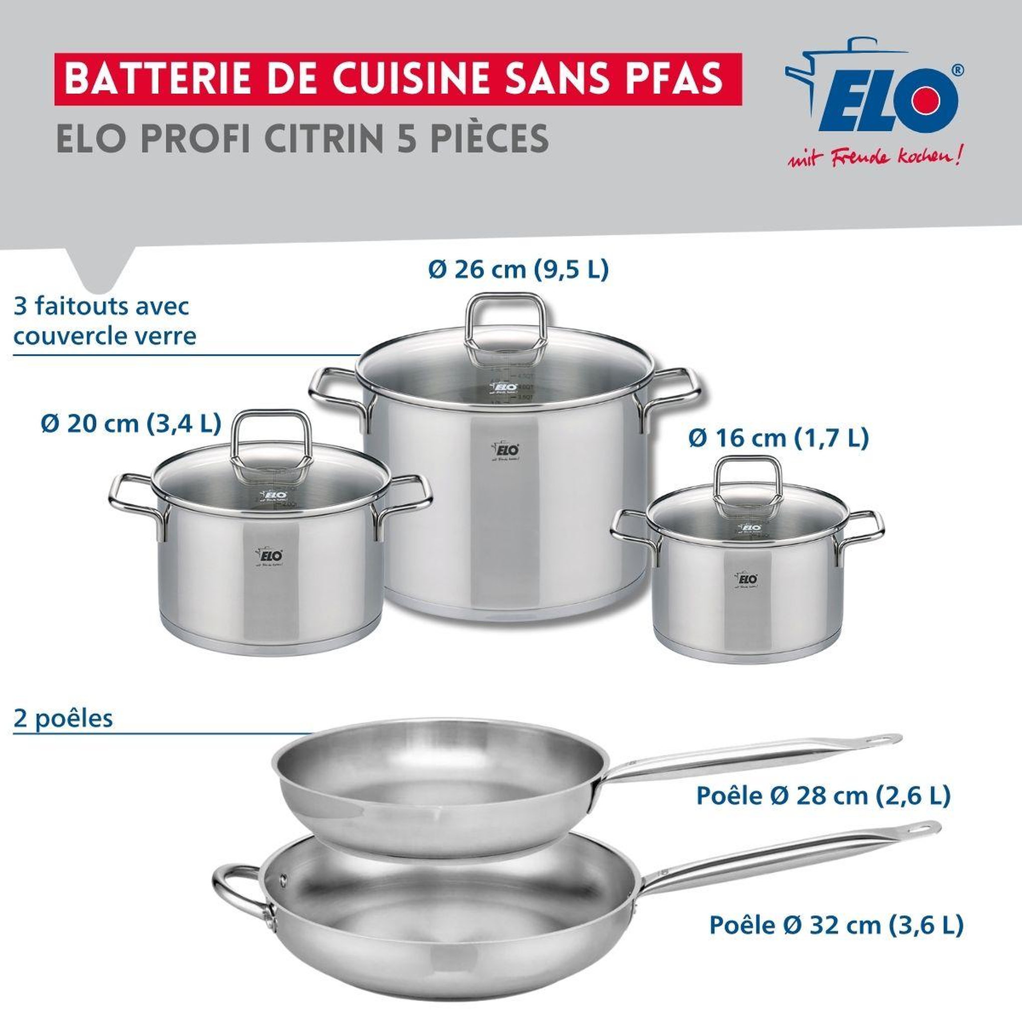 Voir la diapositive 2 : ELO Ensemble de 2 poêles de cuisson 28 et 32 cm et 3 faitouts 16, 20 et 26 cm elo profi citrin