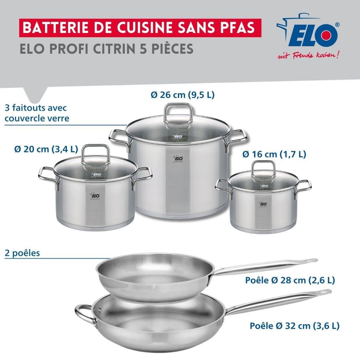 ELO Ensemble de 2 Poêles de cuisson 28 et 32 cm et 3 faitouts 16, 20 et 26 cm Elo Profi Citrin