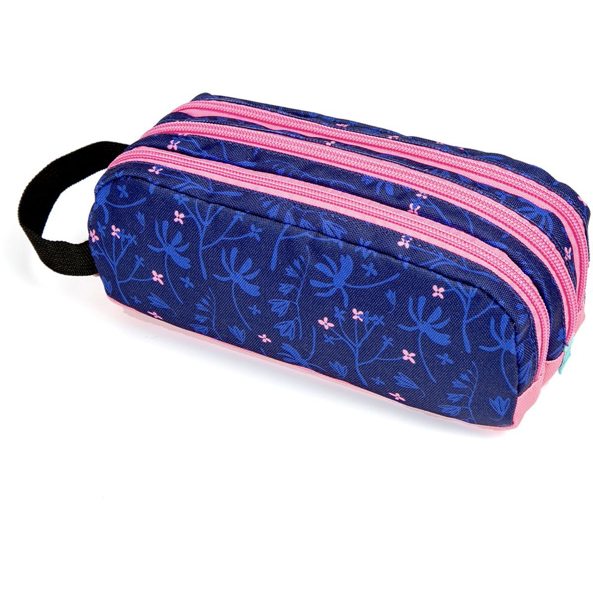 AUCHAN Trousse 3 compartiments rectangle bleue et rose motifs fleurs