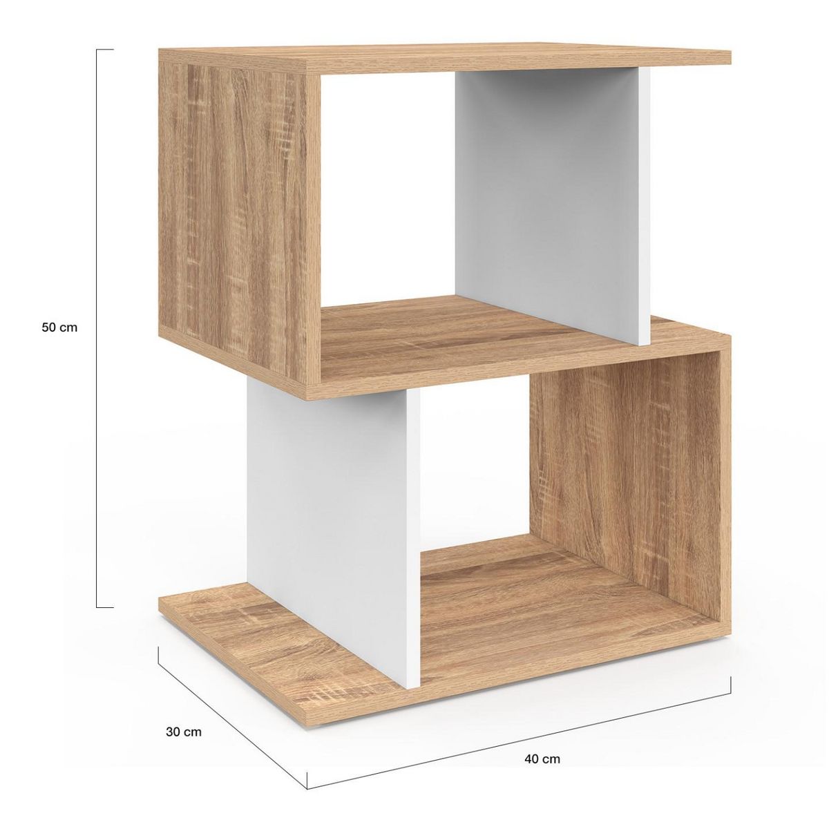 ID MARKET Lot de 2 tables de chevet SOFIA forme S avec rangements ouverts effet hêtre et blanc