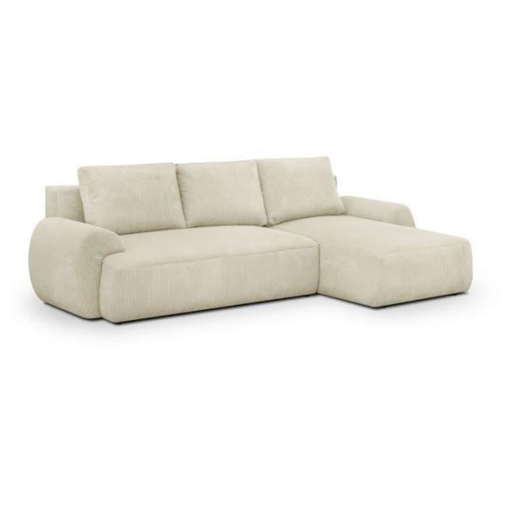 Voir la diapositive 3 : MARKET24 Canapé d'angle droit convertible 4/5 places MILO - Velours côtelés beige - Coffre de rangement - L 264 x H 84 x P 99/145 cm