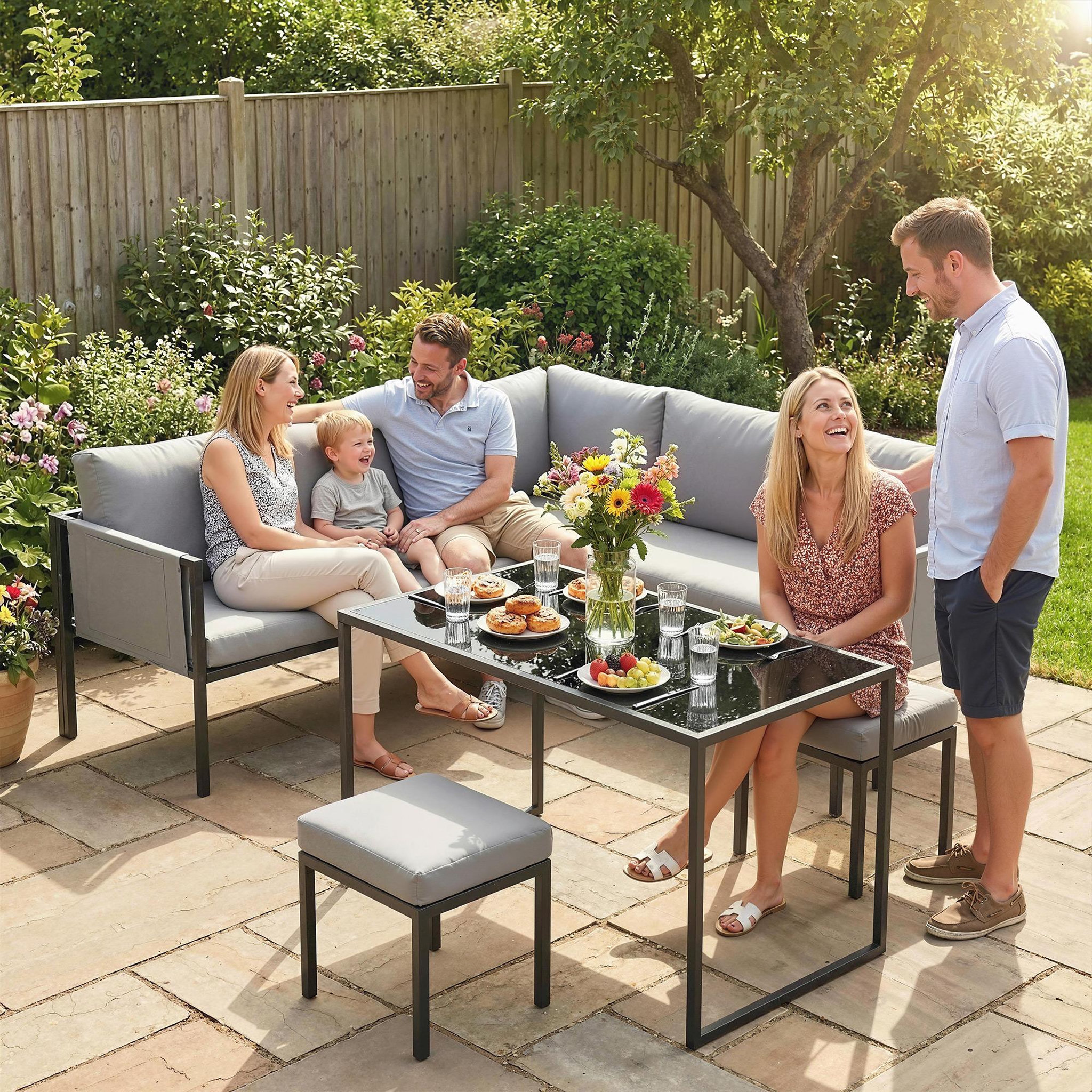 Voir la diapositive 4 : OUTSUNNY Salon de jardin d'angle design 7 places avec table à manger 2 repose-pieds