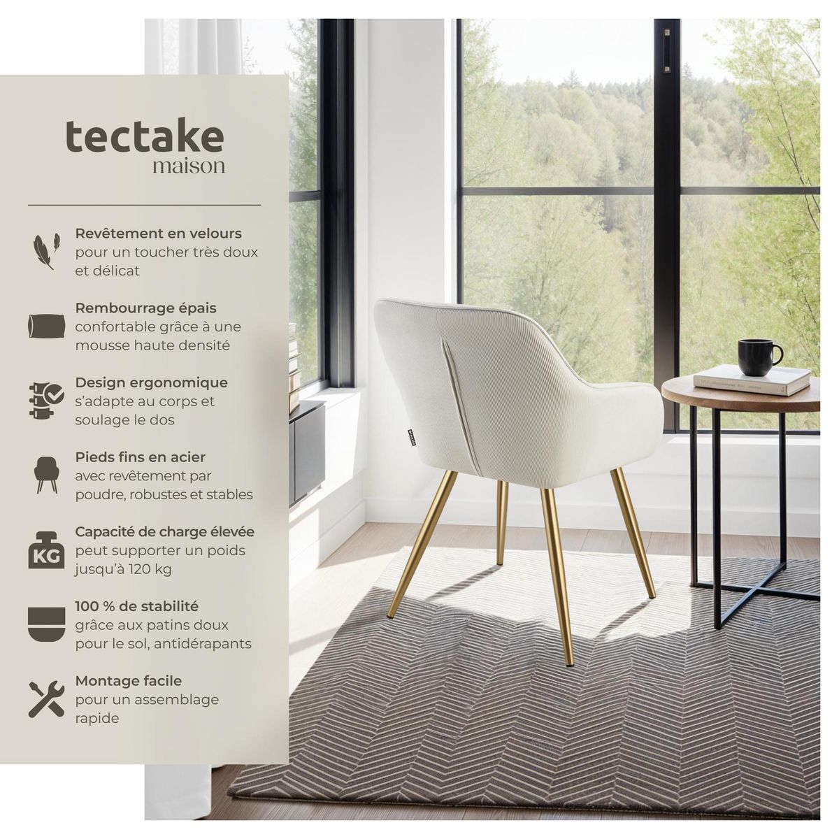 tectake Chaise de salle à manger rembourrée en velours côtelé crème/or Lot de 2