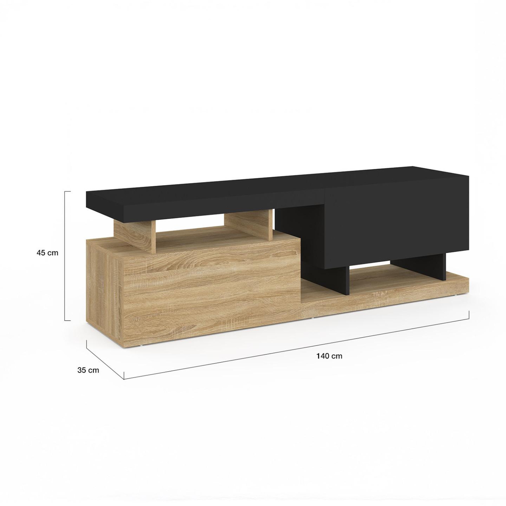 Voir la diapositive 5 : ID MARKET Meuble tv 140 cm angulo 2 portes effet bois et noir