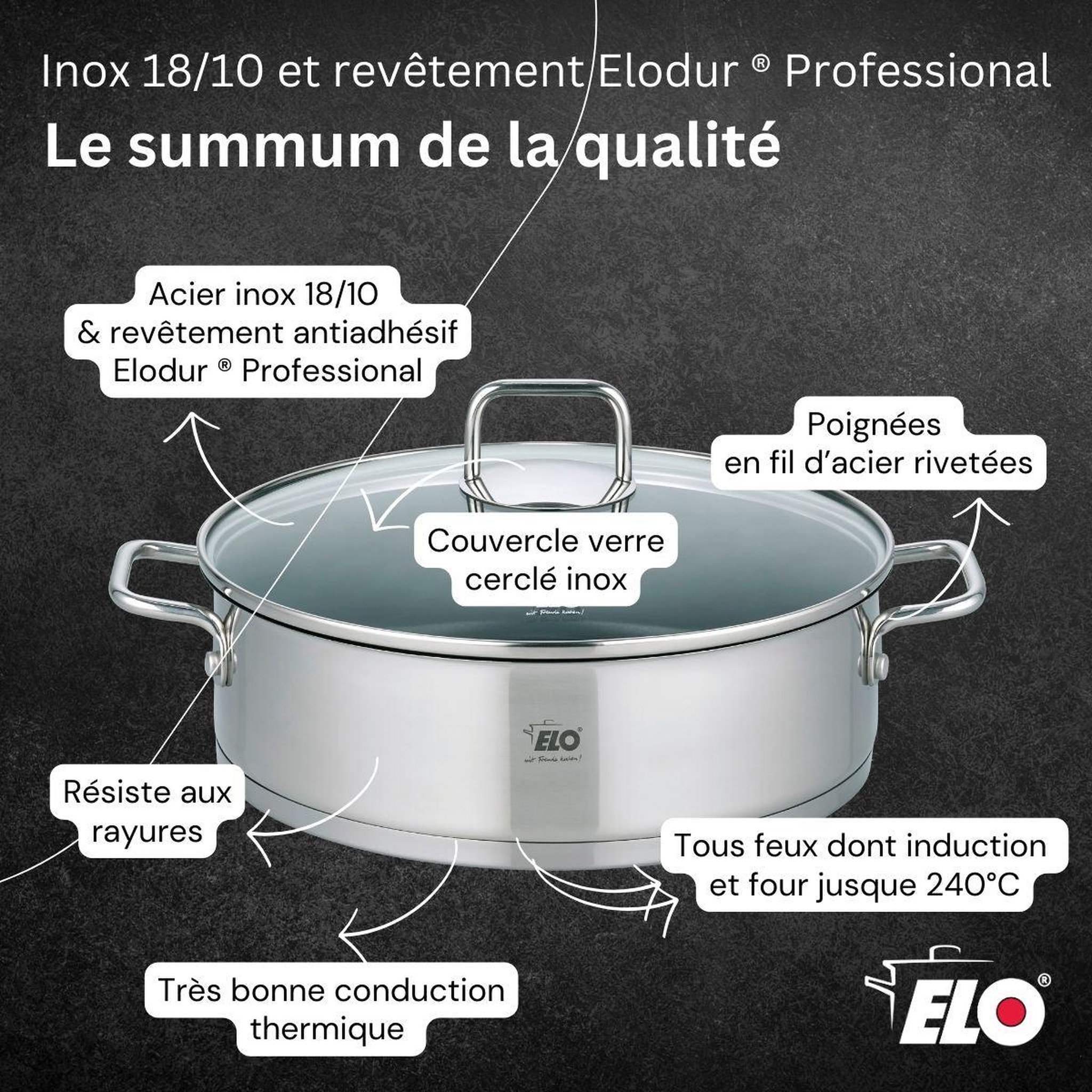 Voir la diapositive 6 : ELO Sautoir 28 cm en acier inoxydable 18/10 antiadhésif elo citrin