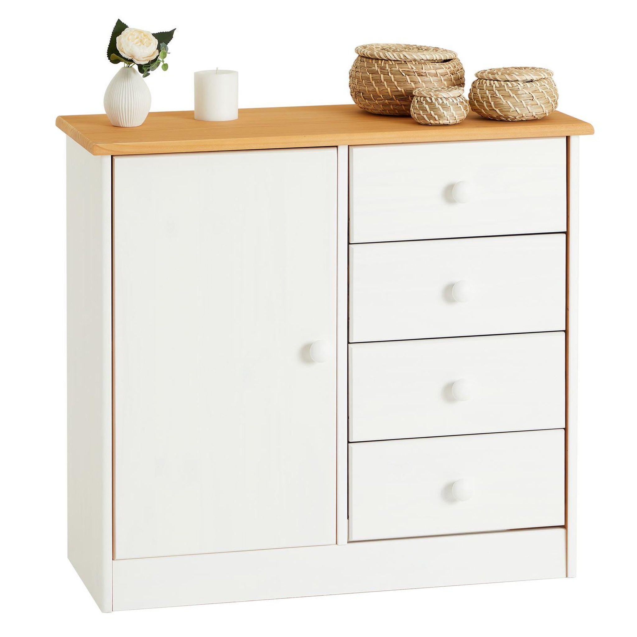 Voir la diapositive 1 : IDIMEX Commode rondo en pin massif, 4 tiroirs et 1 porte