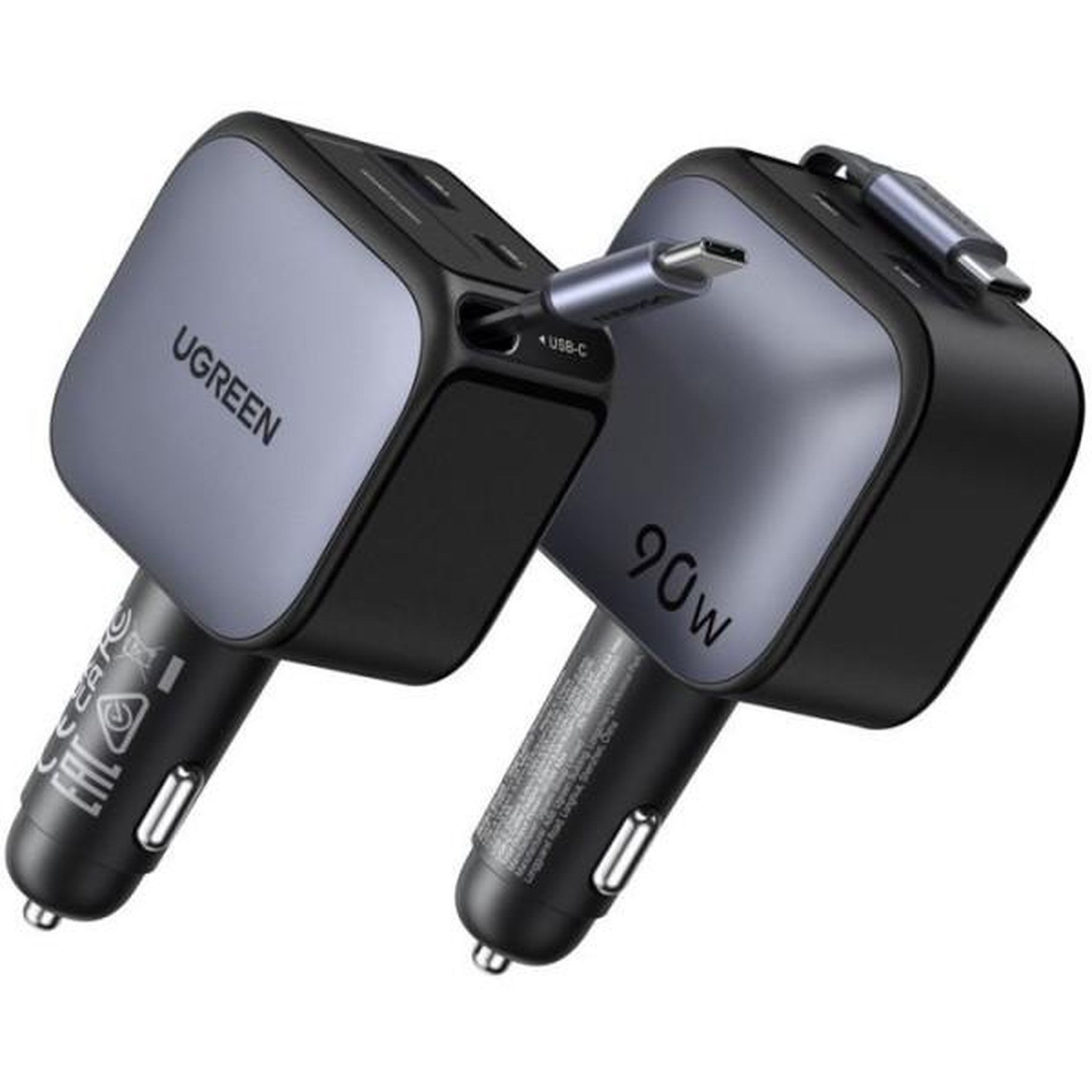 Voir la diapositive 3 : UGREEN Chargeur voiture - UGREEN - 90W - USB-A et USB-C - Rétractable - Noir