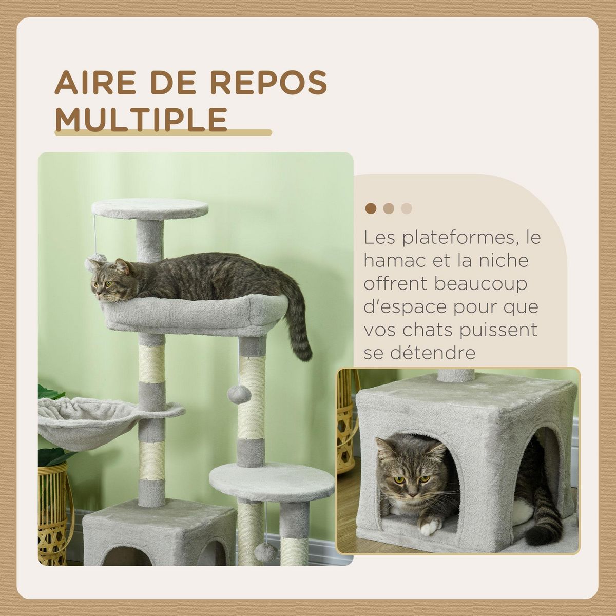 PAWHUT Arbre à chat griffoirs sisal naturel niche plateformes panier hamac jeux boules suspendues peluche gris