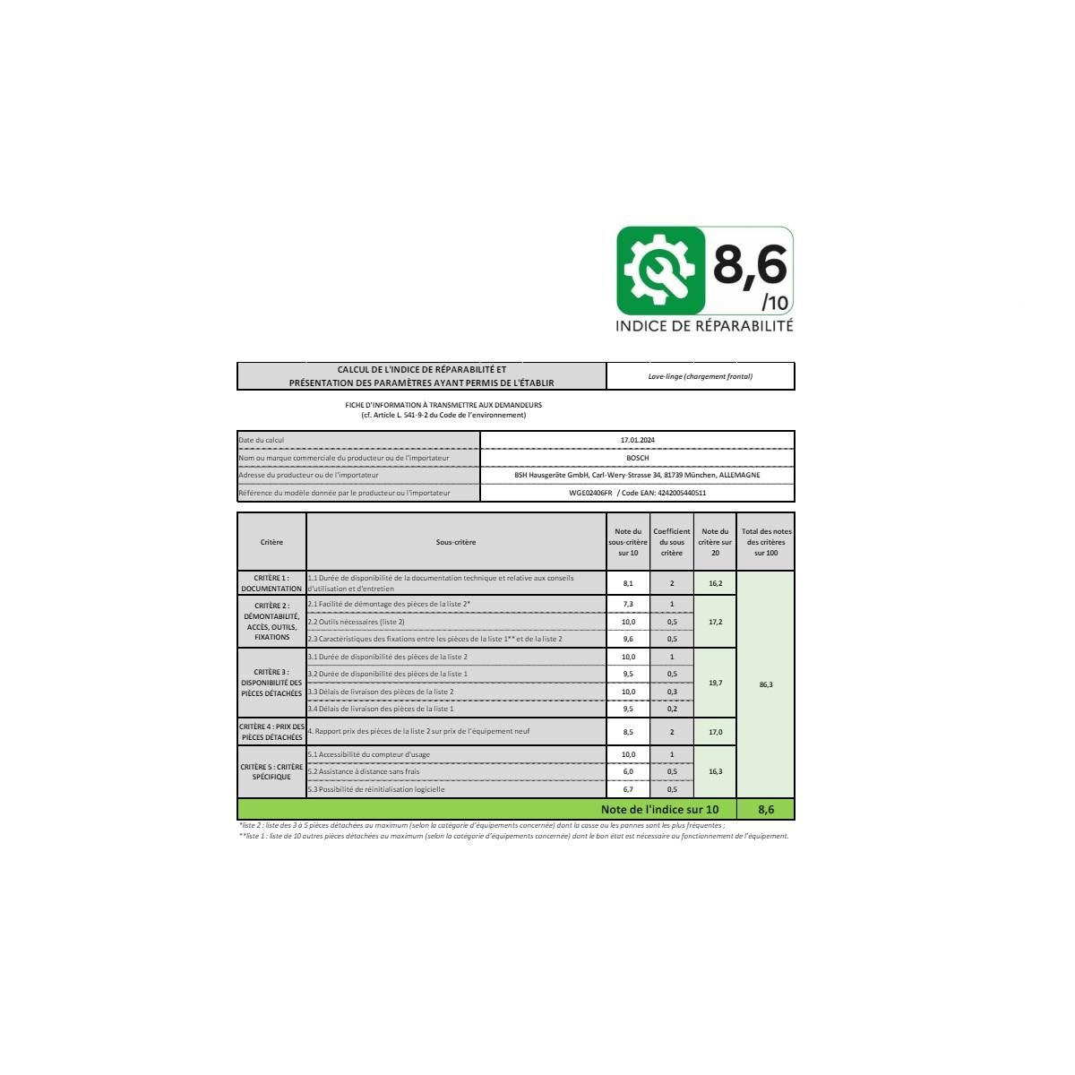 BOSCH Lave-linge hublot 7kg 1400 tours/min - WGE02406FR