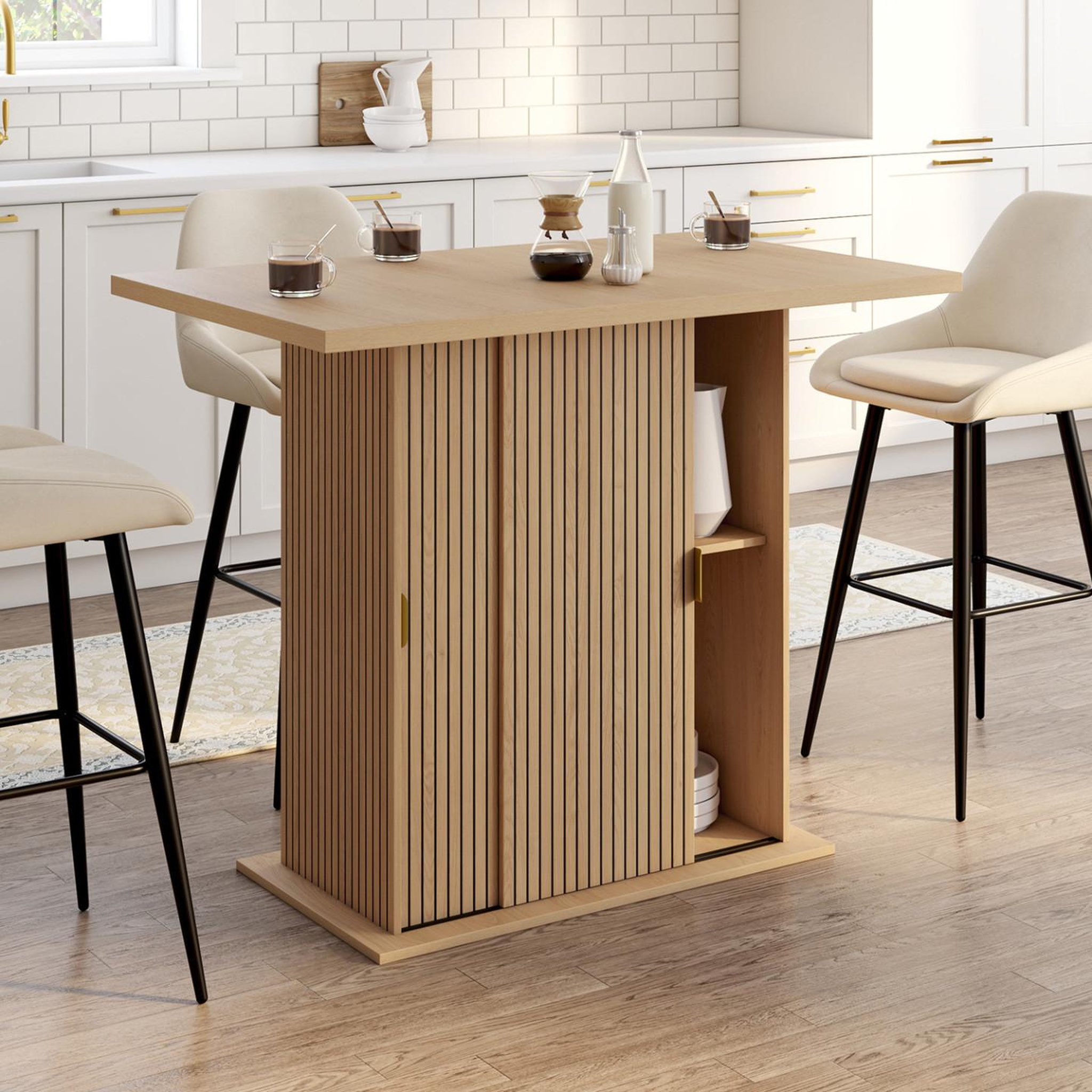 Voir la diapositive 2 : ID MARKET Ilot central 4 personnes juliette 110 cm pied central avec rangement effet lattes tasseau de bois