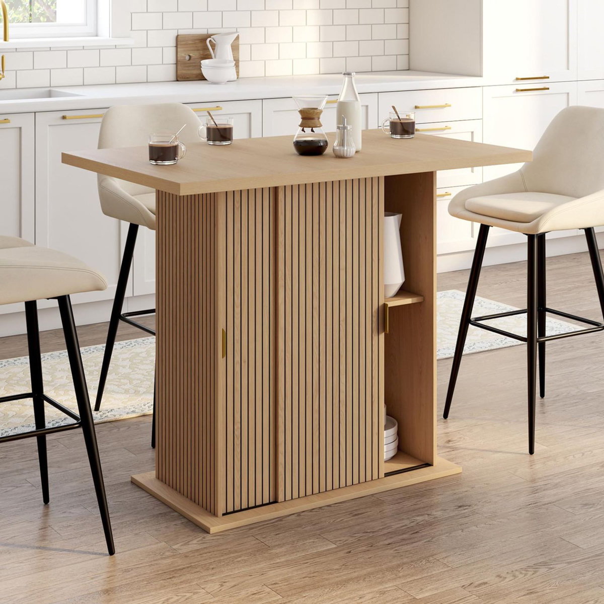 ID MARKET Ilot central 4 personnes JULIETTE 110 cm pied central avec rangement effet lattes tasseau de bois