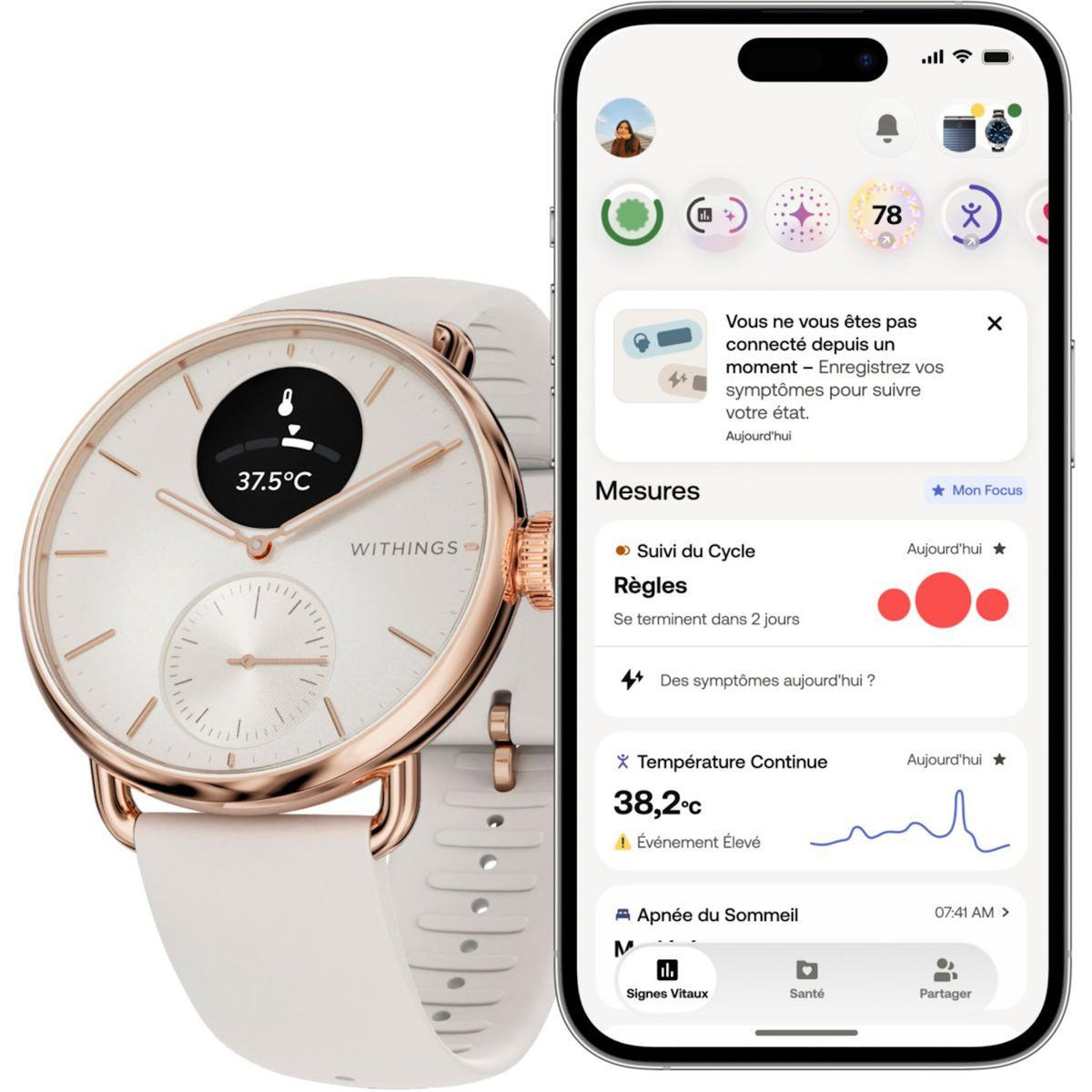 WITHINGS Montre santé ScanWatch 2 Rose Gold 38mm + bracelet milanese offert
